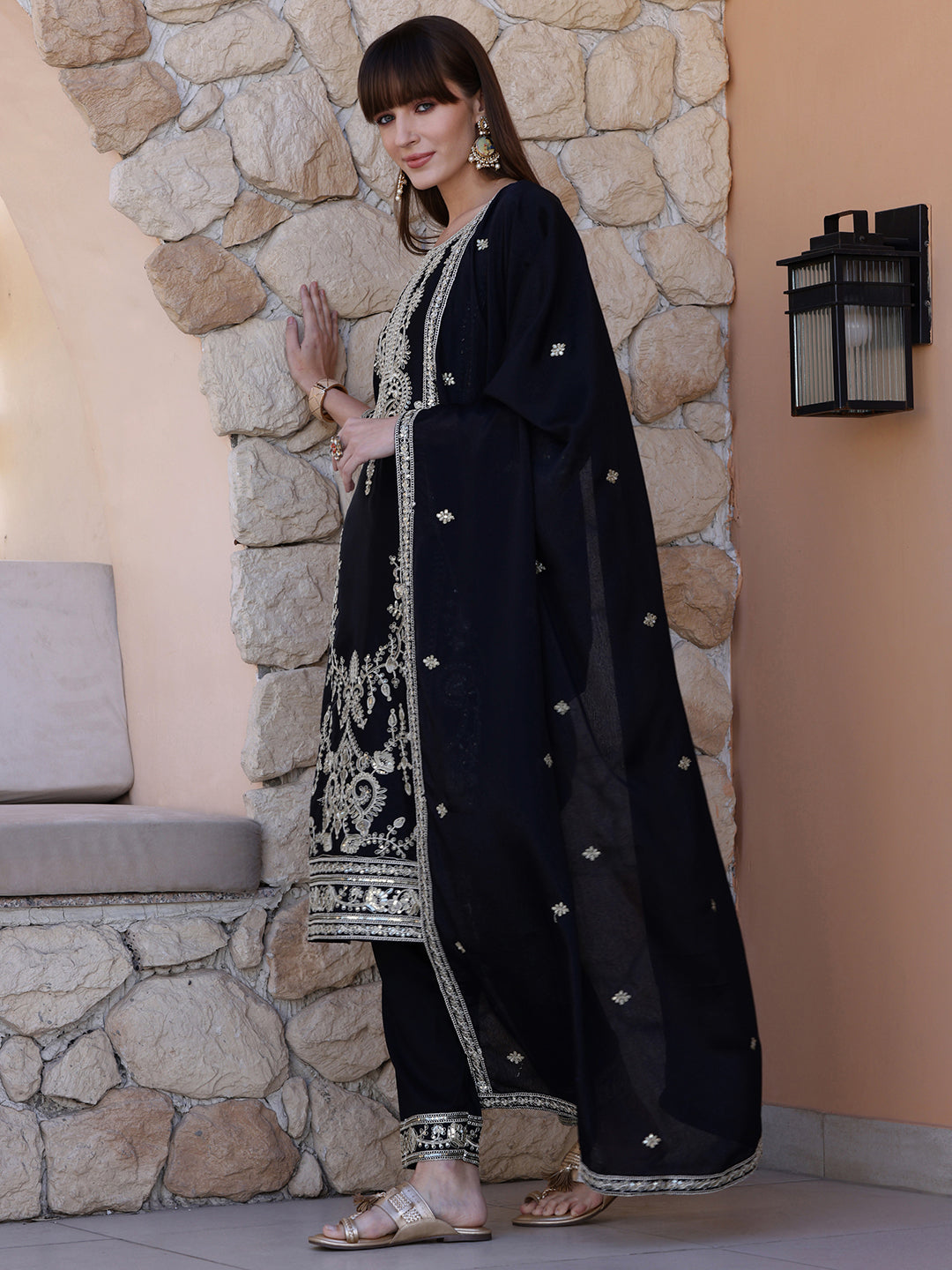 Pakistani Sequinned Embroidered Kurta with Pant & Dupatta