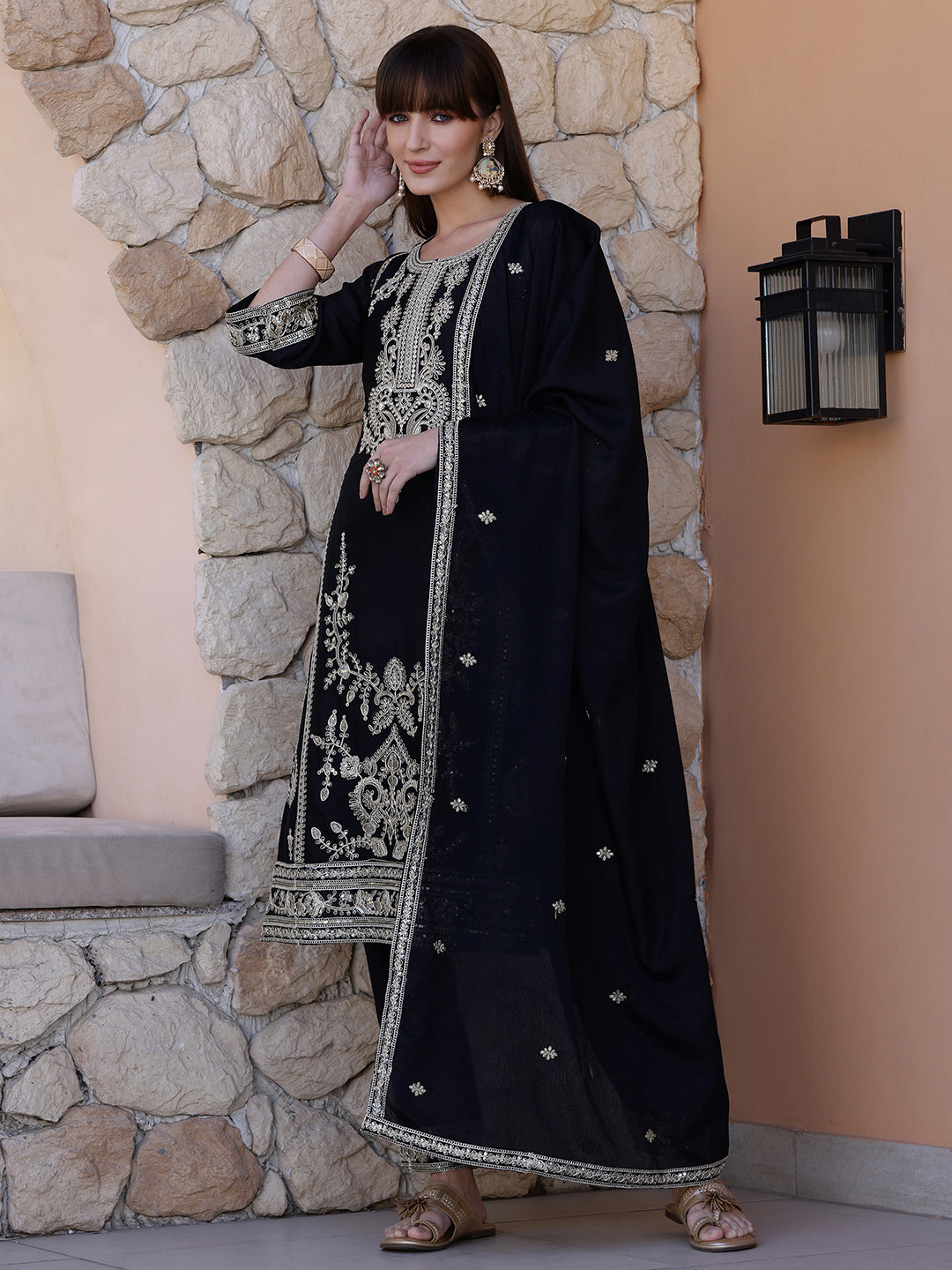 Pakistani Sequinned Embroidered Kurta with Pant & Dupatta