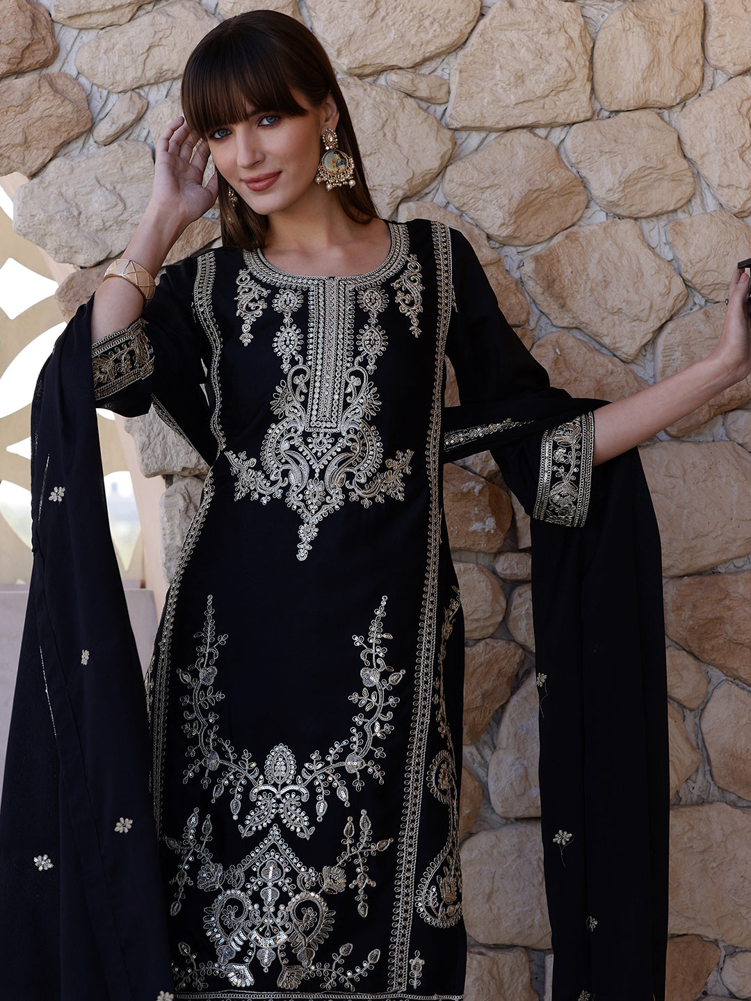 Pakistani Sequinned Embroidered Kurta with Pant & Dupatta