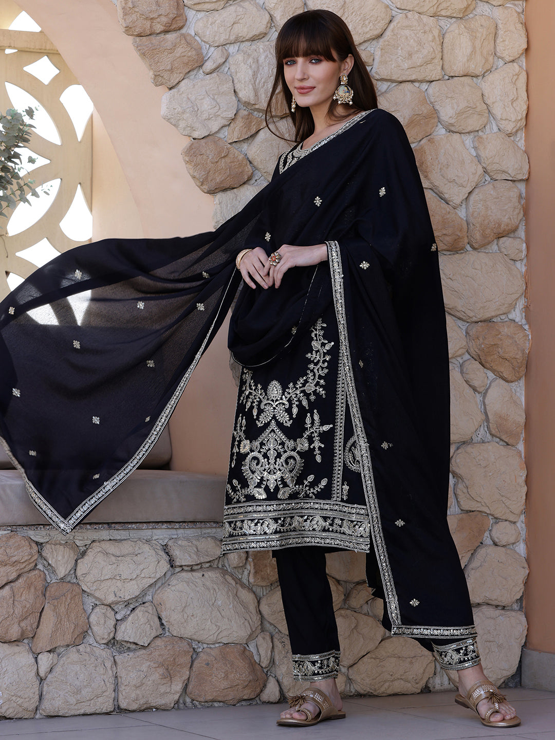 Pakistani Sequinned Embroidered Kurta with Pant & Dupatta