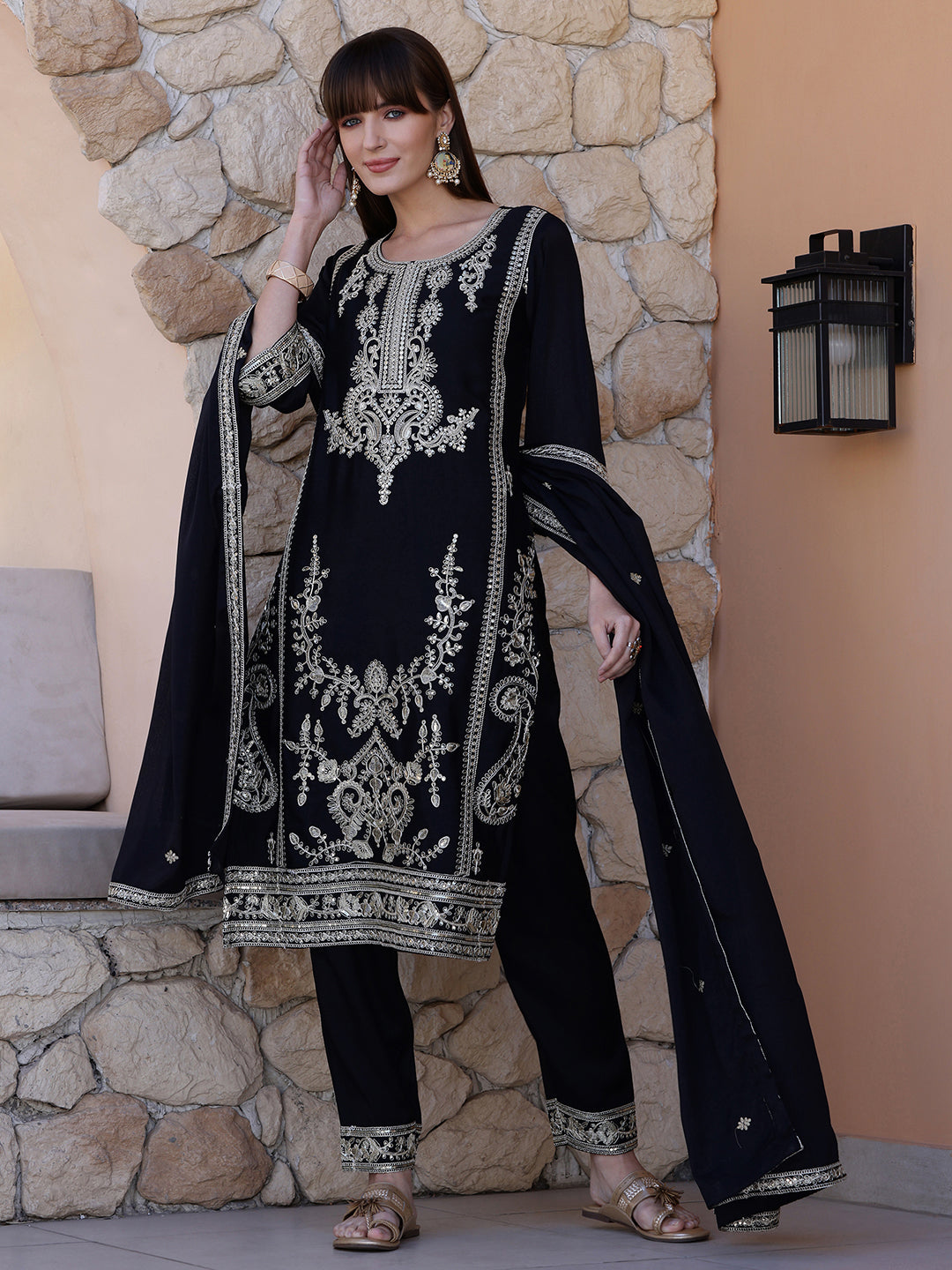 Pakistani Sequinned Embroidered Kurta with Pant & Dupatta