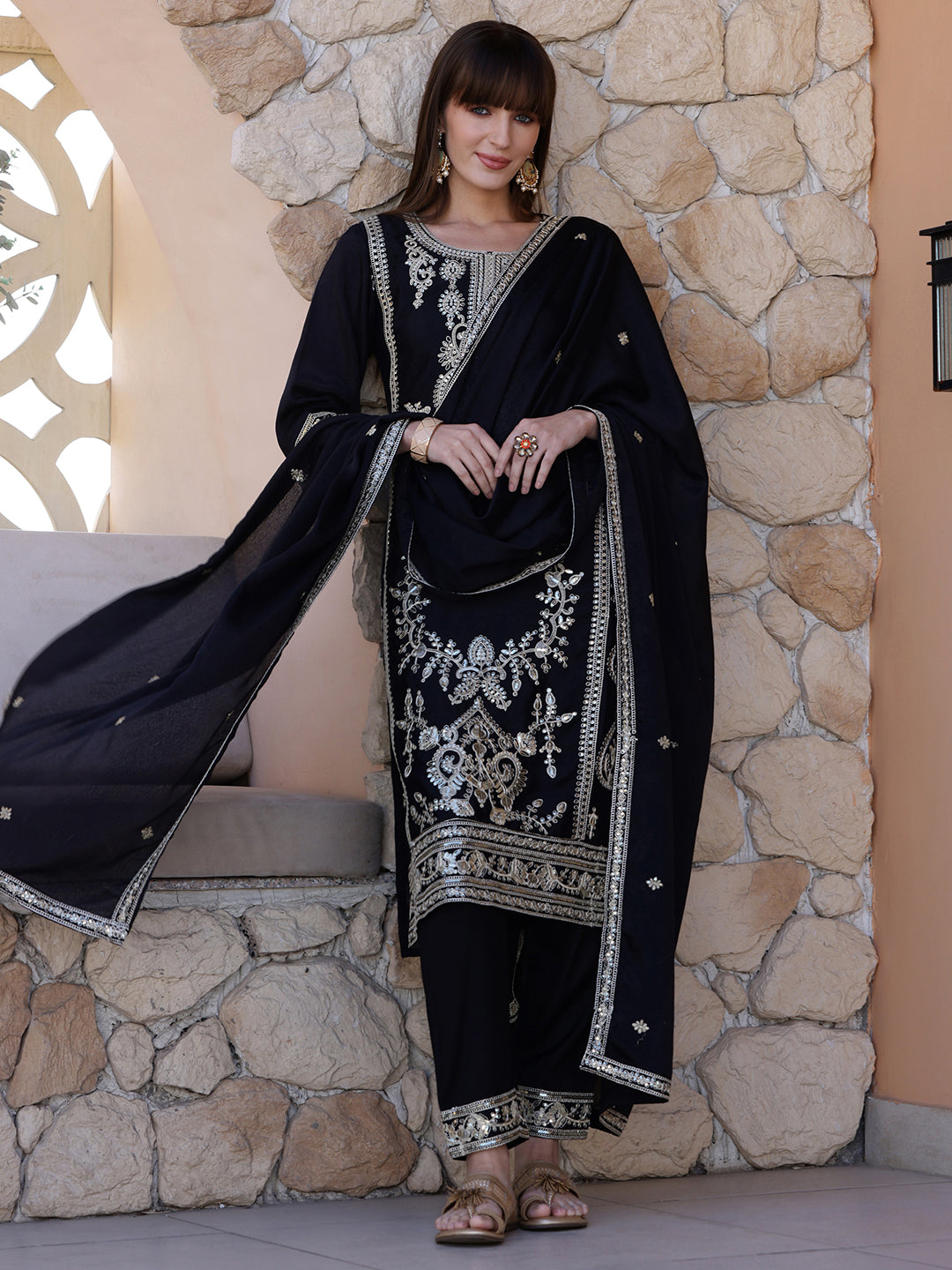 Pakistani Sequinned Embroidered Kurta with Pant & Dupatta