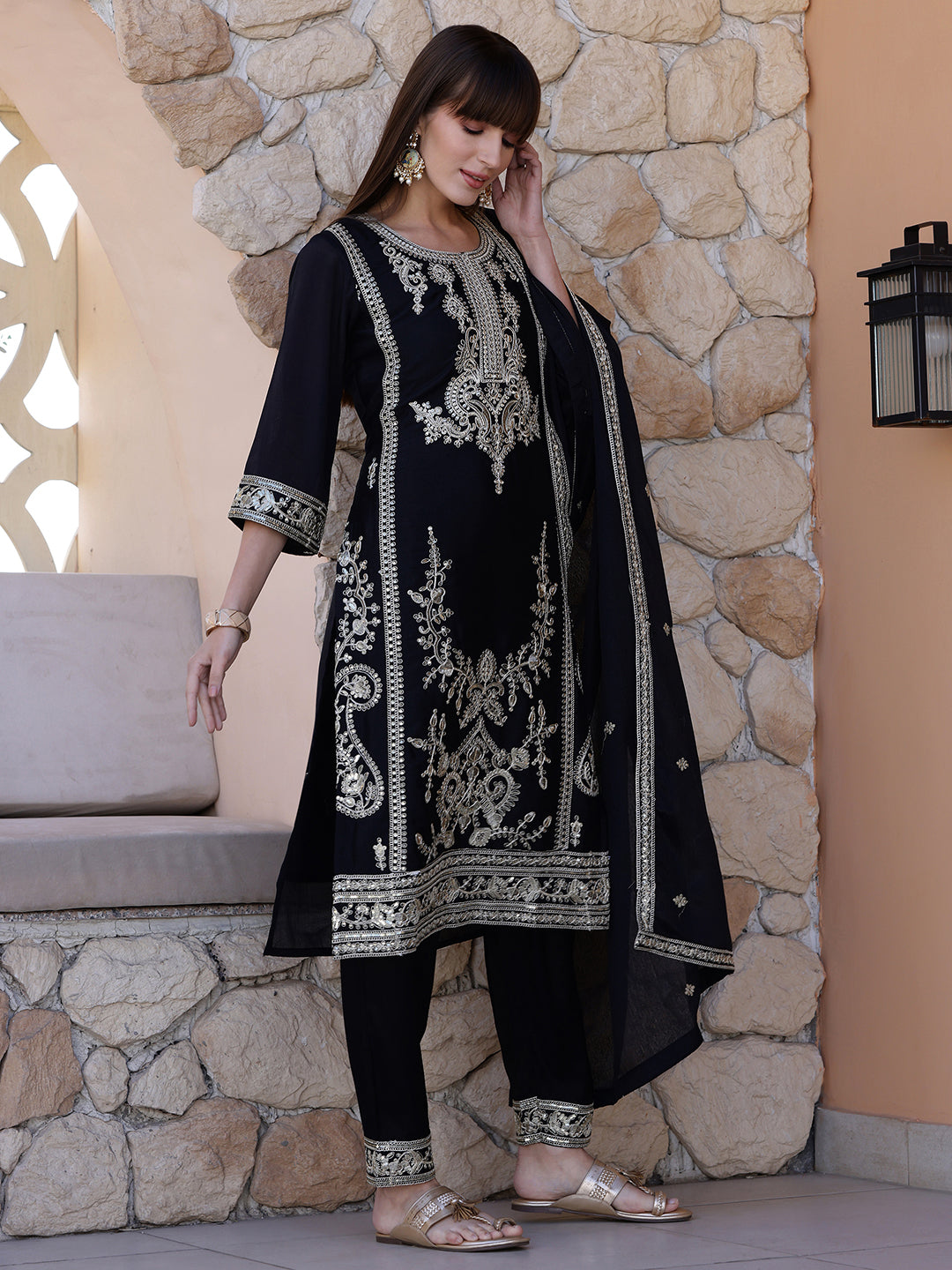 Pakistani Sequinned Embroidered Kurta with Pant & Dupatta