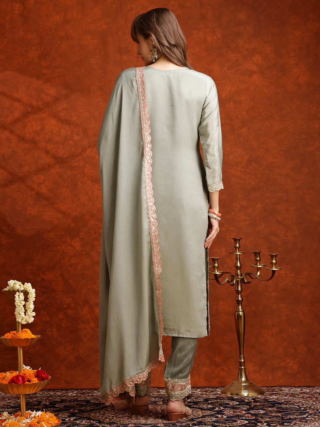 Pakistani Embroidered Kurta with Pant & Embroidered Dupatta