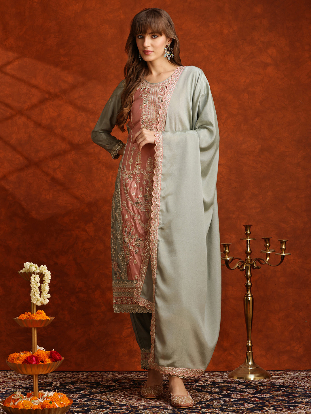 Pakistani Embroidered Kurta with Pant & Embroidered Dupatta