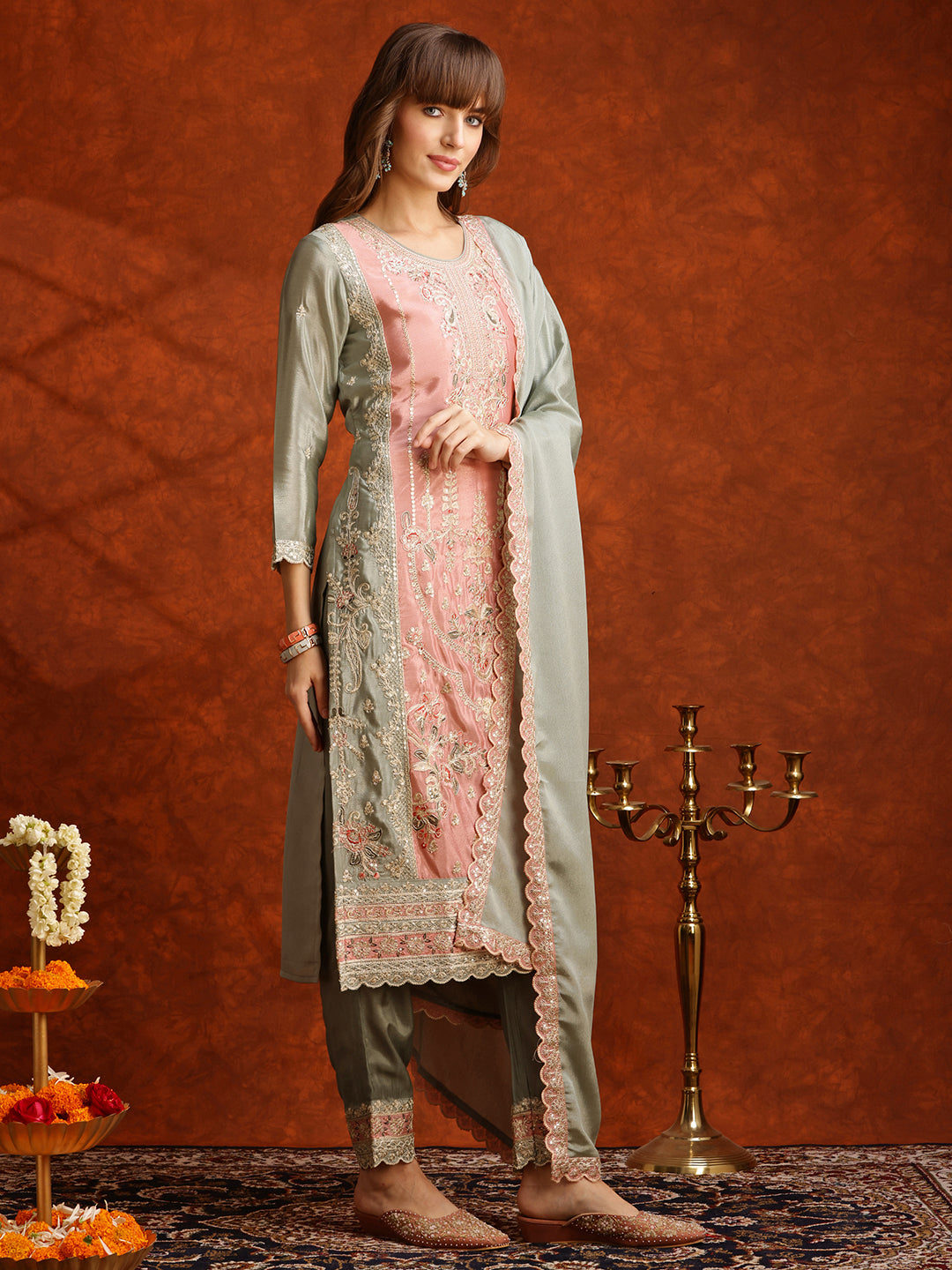 Pakistani Embroidered Kurta with Pant & Embroidered Dupatta