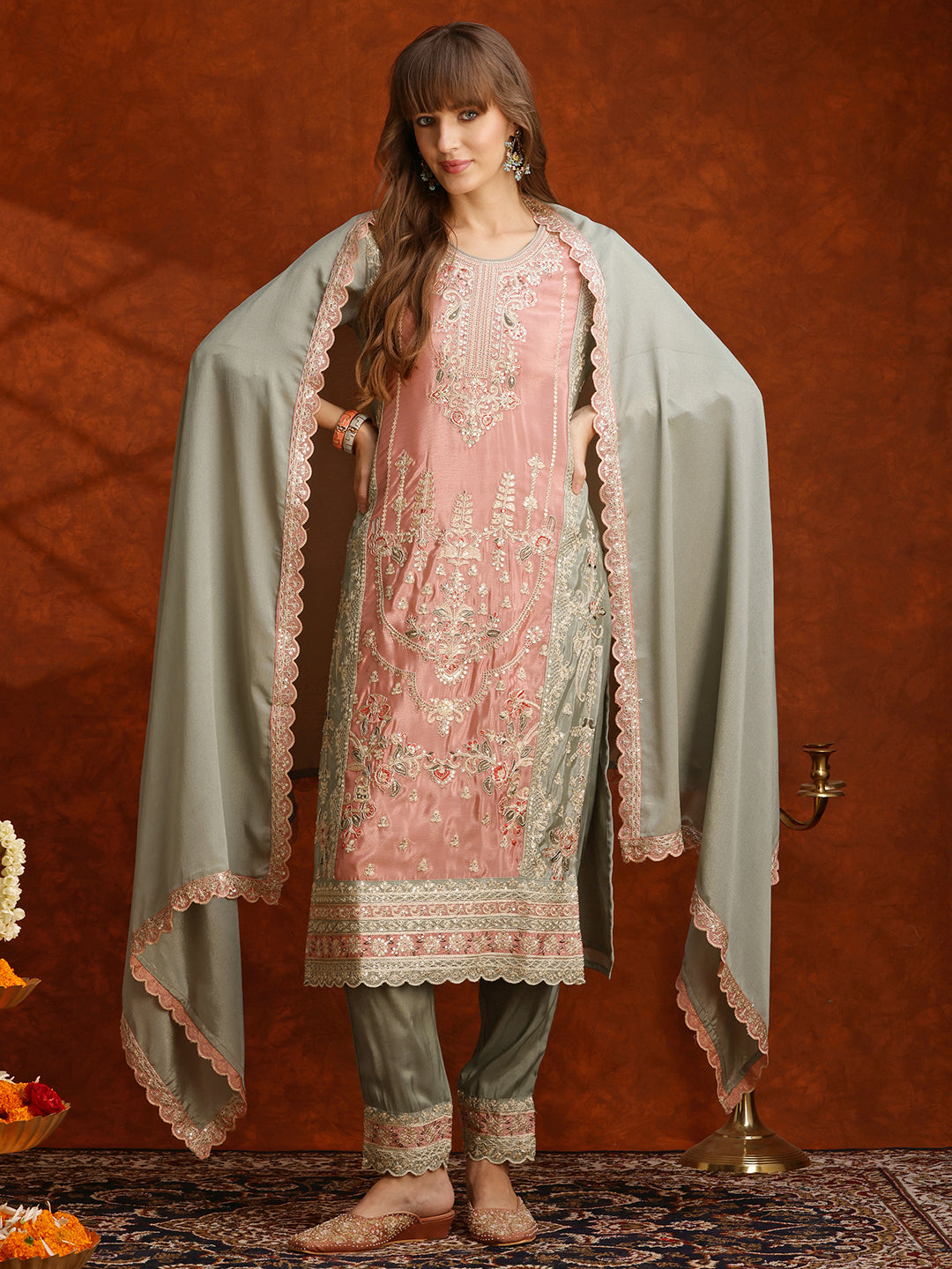 Pakistani Embroidered Kurta with Pant & Embroidered Dupatta