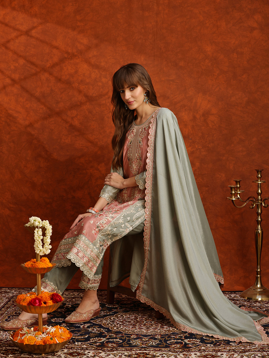 Pakistani Embroidered Kurta with Pant & Embroidered Dupatta
