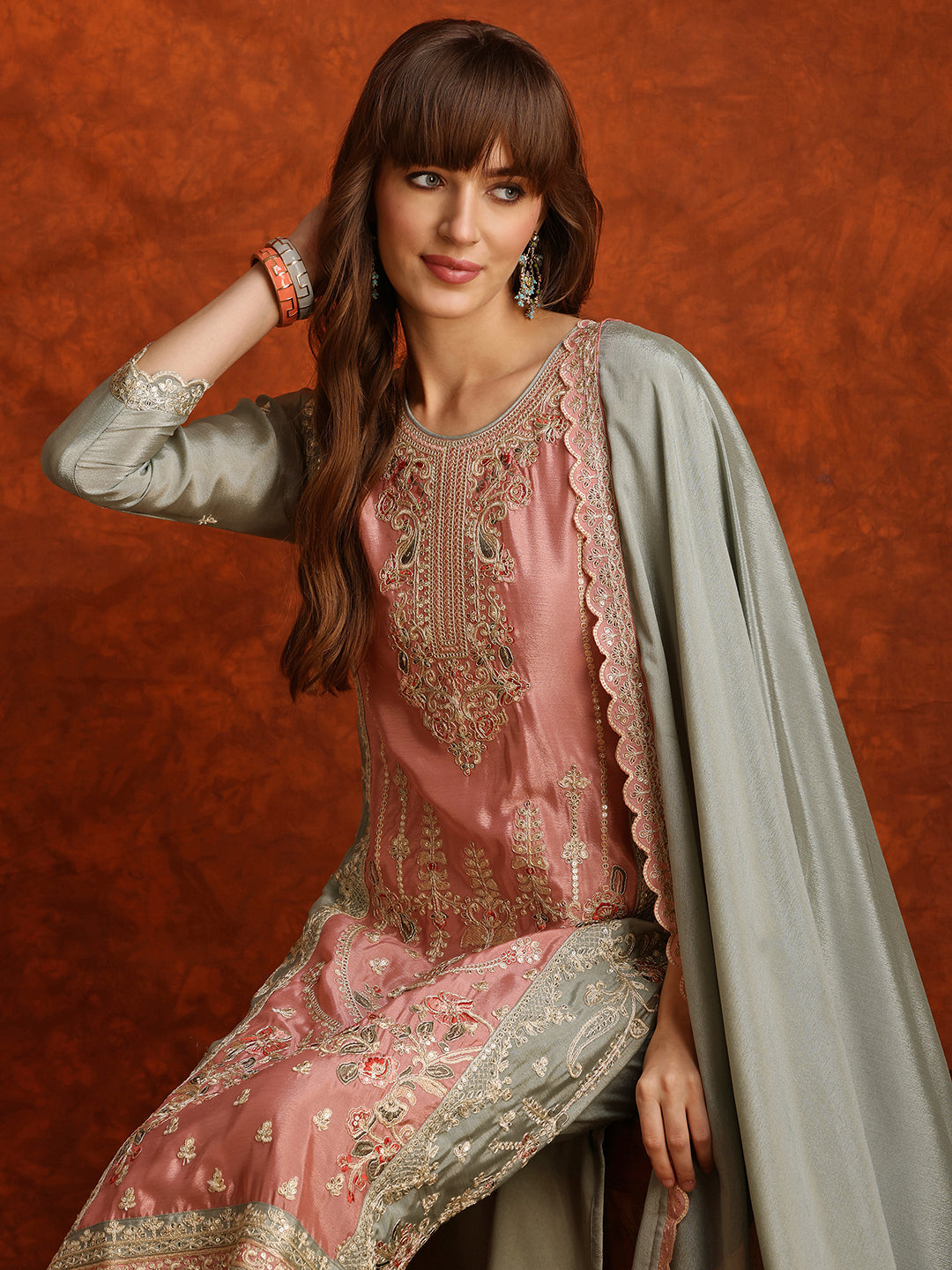 Pakistani Embroidered Kurta with Pant & Embroidered Dupatta
