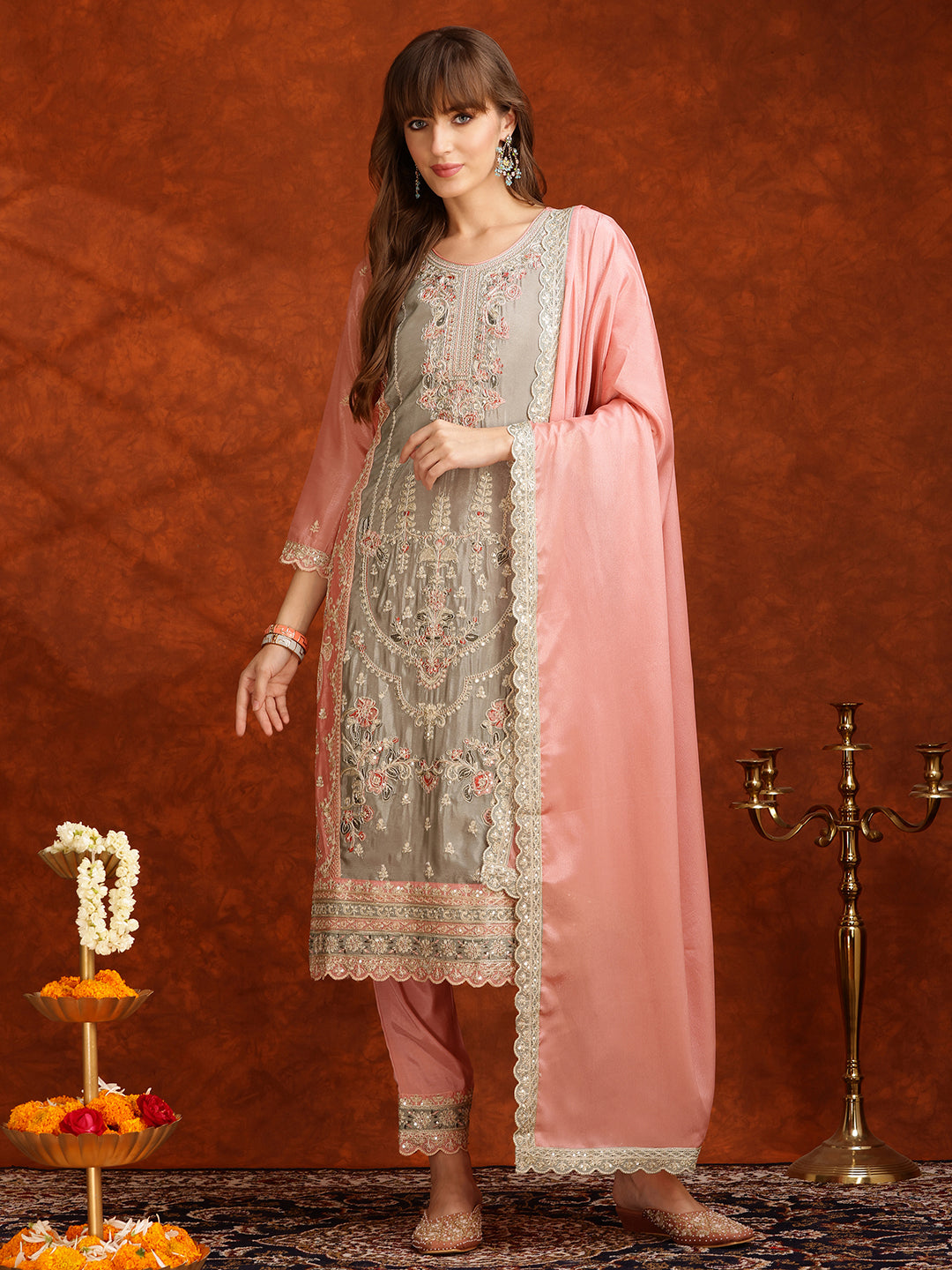 Pakistani Embroidered Kurta with Pant & Embroidered Dupatta