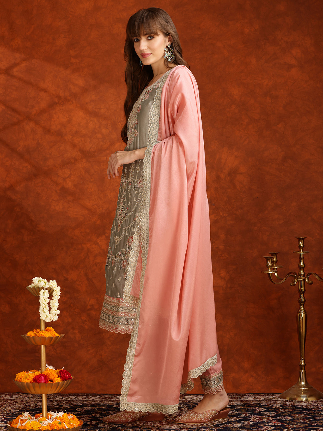 Pakistani Embroidered Kurta with Pant & Embroidered Dupatta