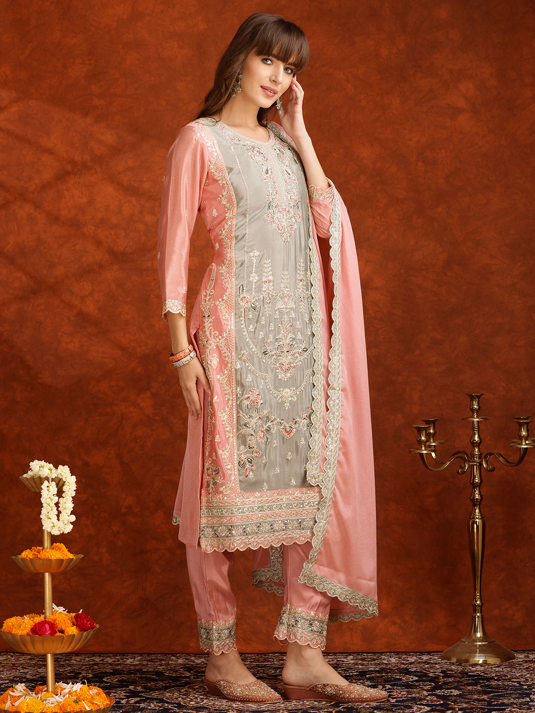 Pakistani Embroidered Kurta with Pant & Embroidered Dupatta