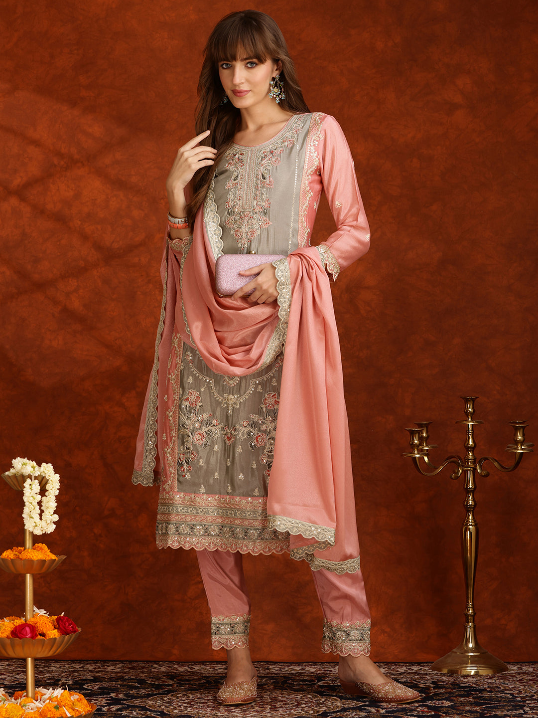 Pakistani Embroidered Kurta with Pant & Embroidered Dupatta