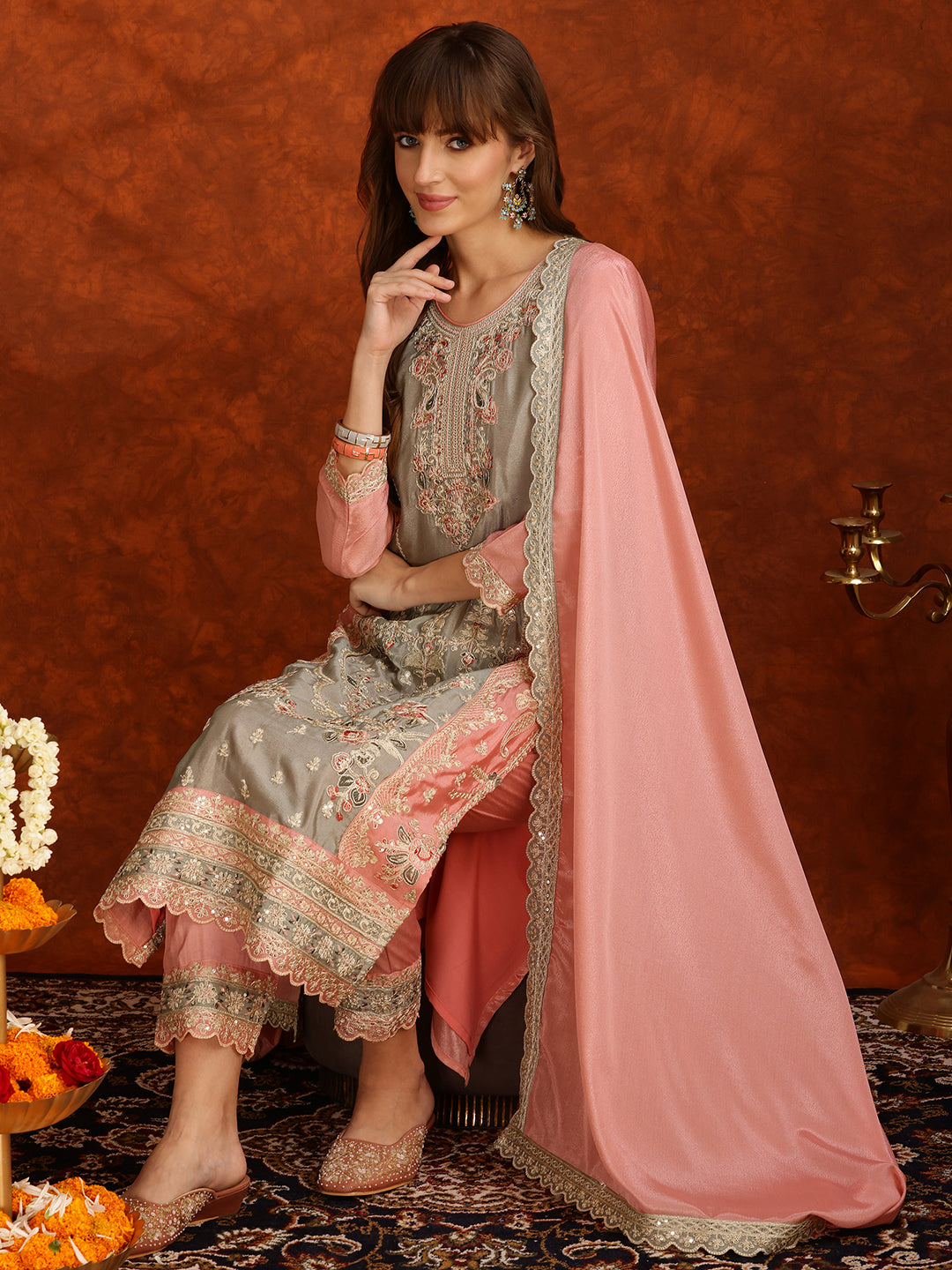 Pakistani Embroidered Kurta with Pant & Embroidered Dupatta