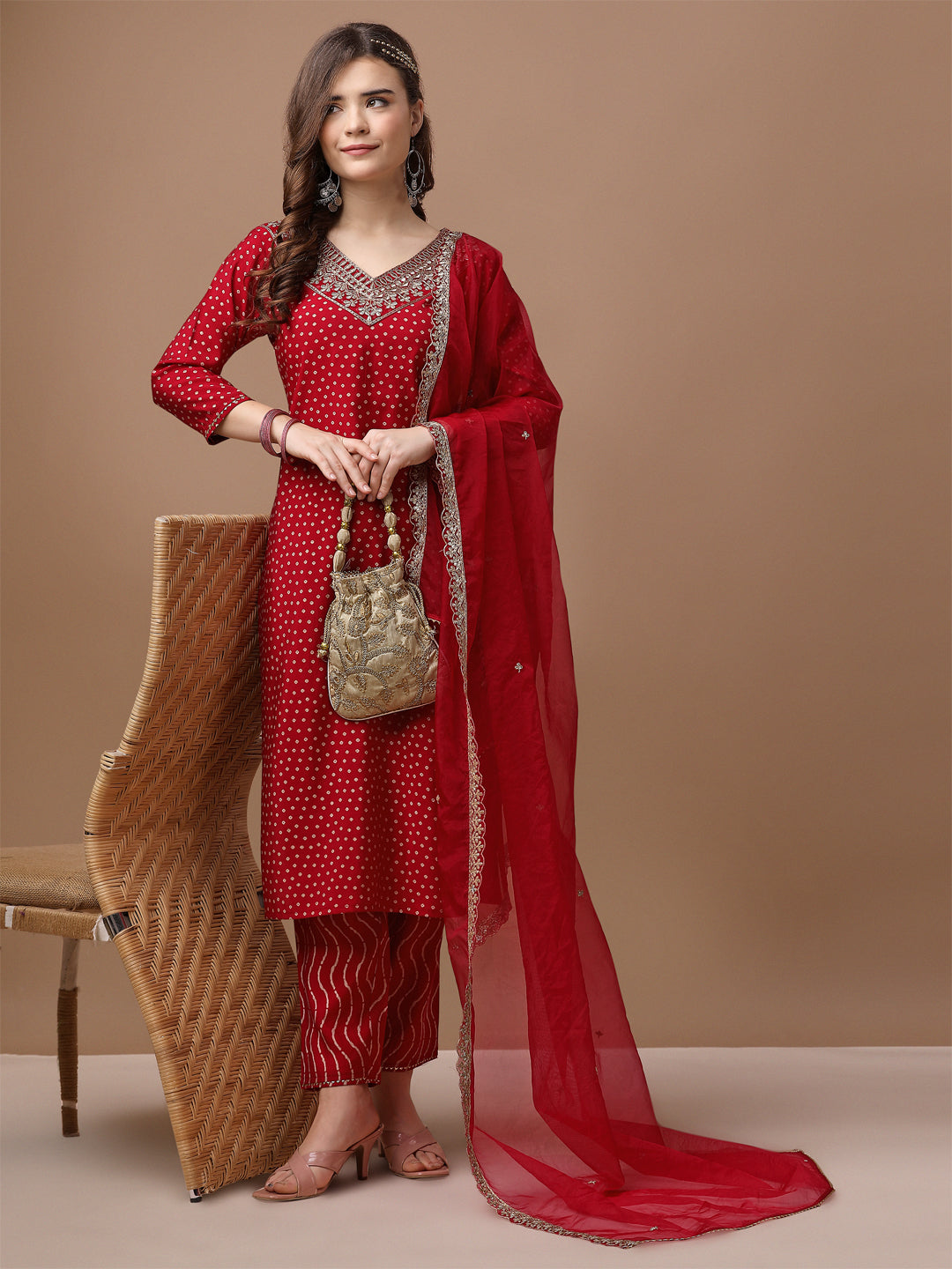 Embroidered & Bandhani Printed Kurta with pant & embroidered Dupatta Premium