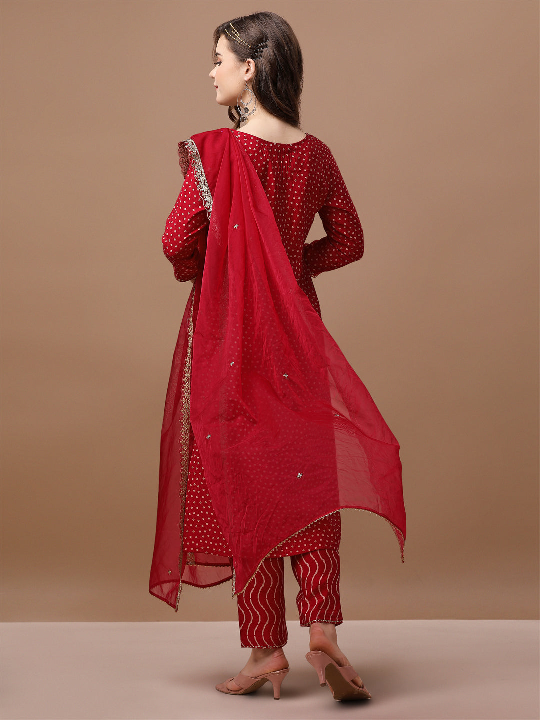 Embroidered & Bandhani Printed Kurta with pant & embroidered Dupatta Premium