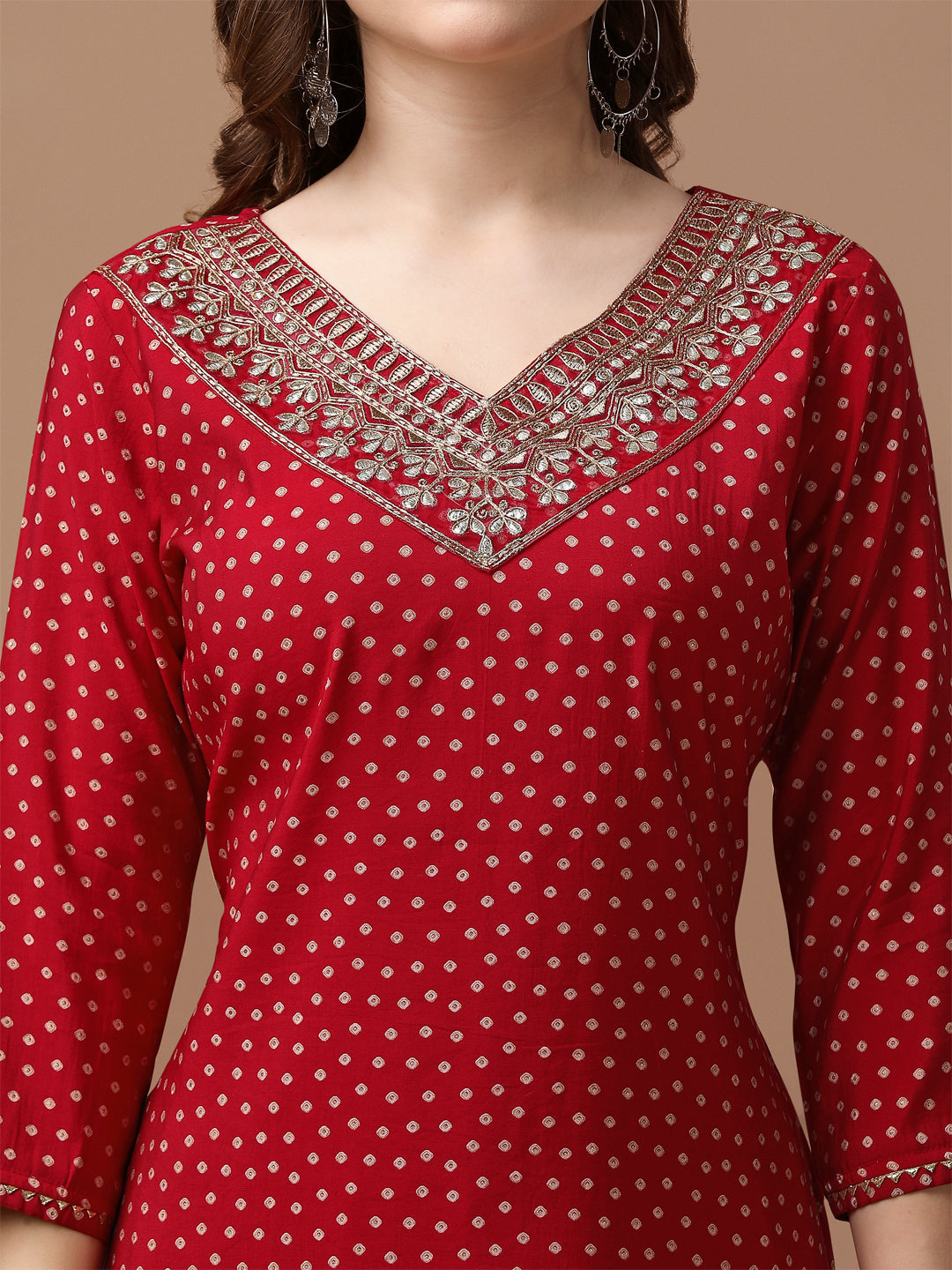 Embroidered & Bandhani Printed Kurta with pant & embroidered Dupatta Premium