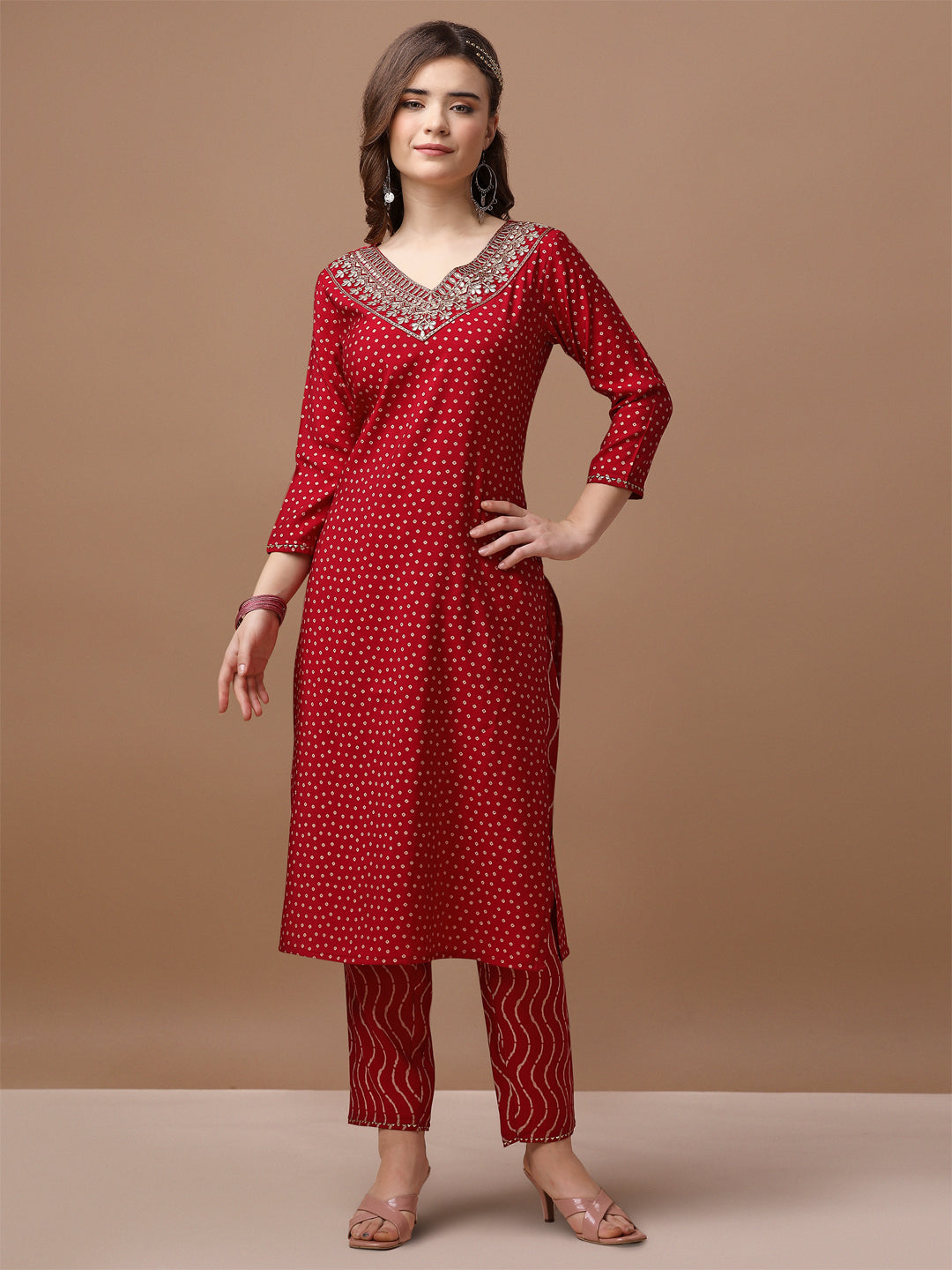 Embroidered & Bandhani Printed Kurta with pant & embroidered Dupatta Premium