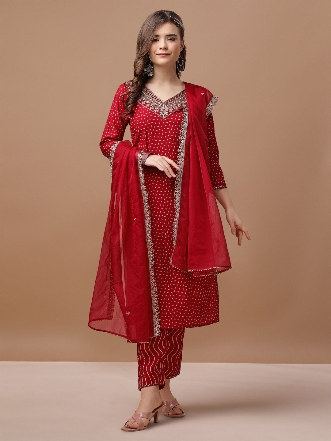 Embroidered & Bandhani Printed Kurta with pant & embroidered Dupatta Premium