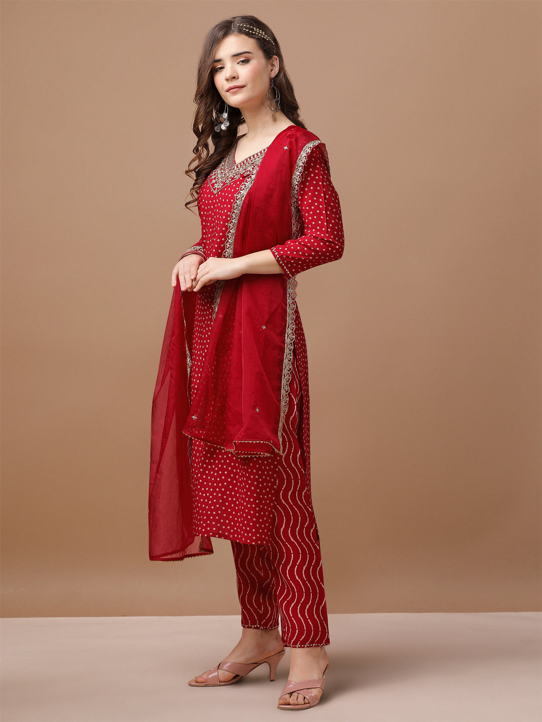 Embroidered & Bandhani Printed Kurta with pant & embroidered Dupatta Premium