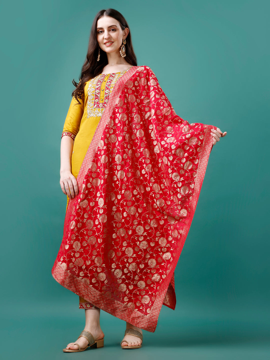 Embroidered Kurta with pant & Banarasi Jacquard Dupatta Premium