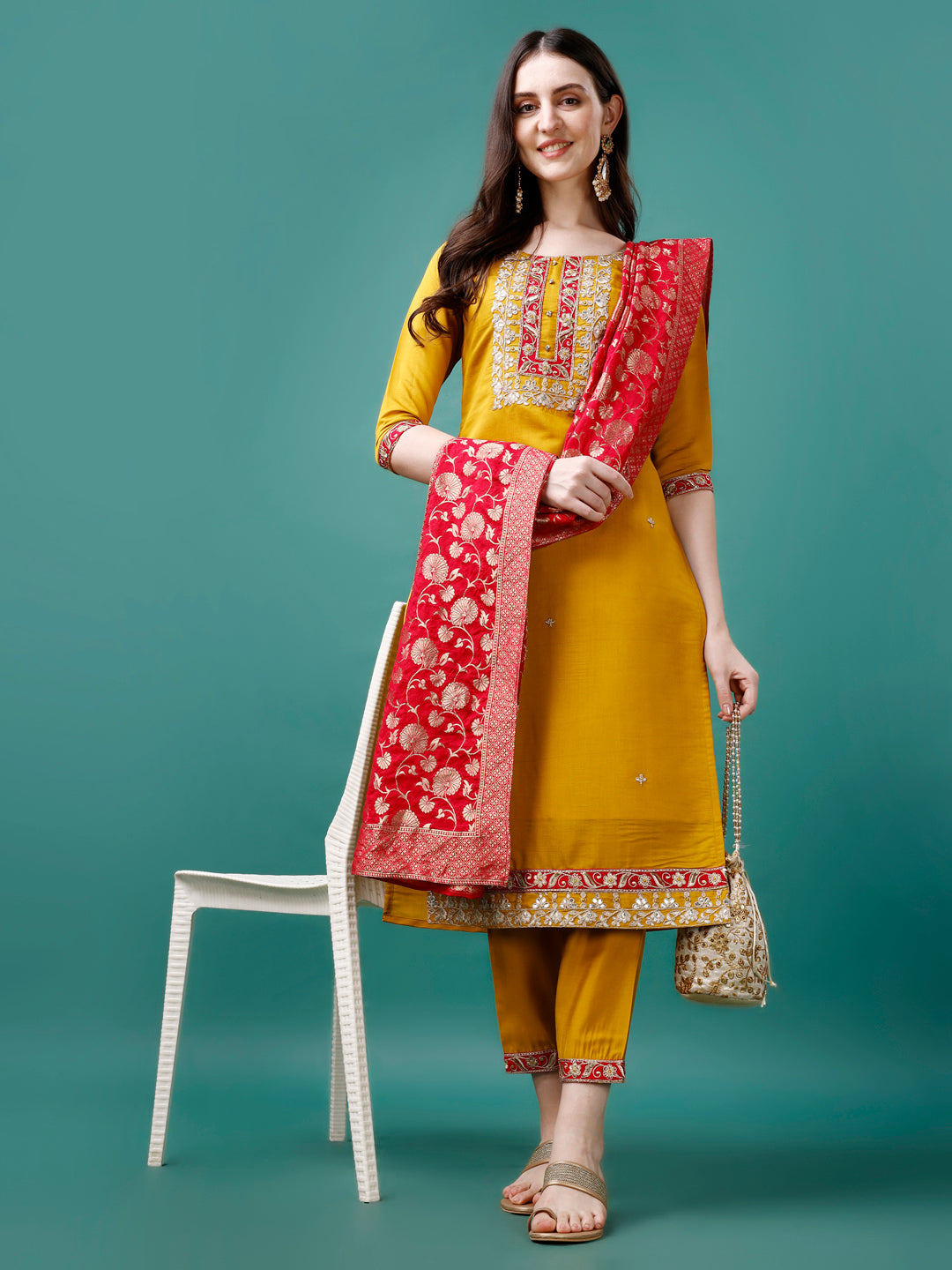 Embroidered Kurta with pant & Banarasi Jacquard Dupatta Premium