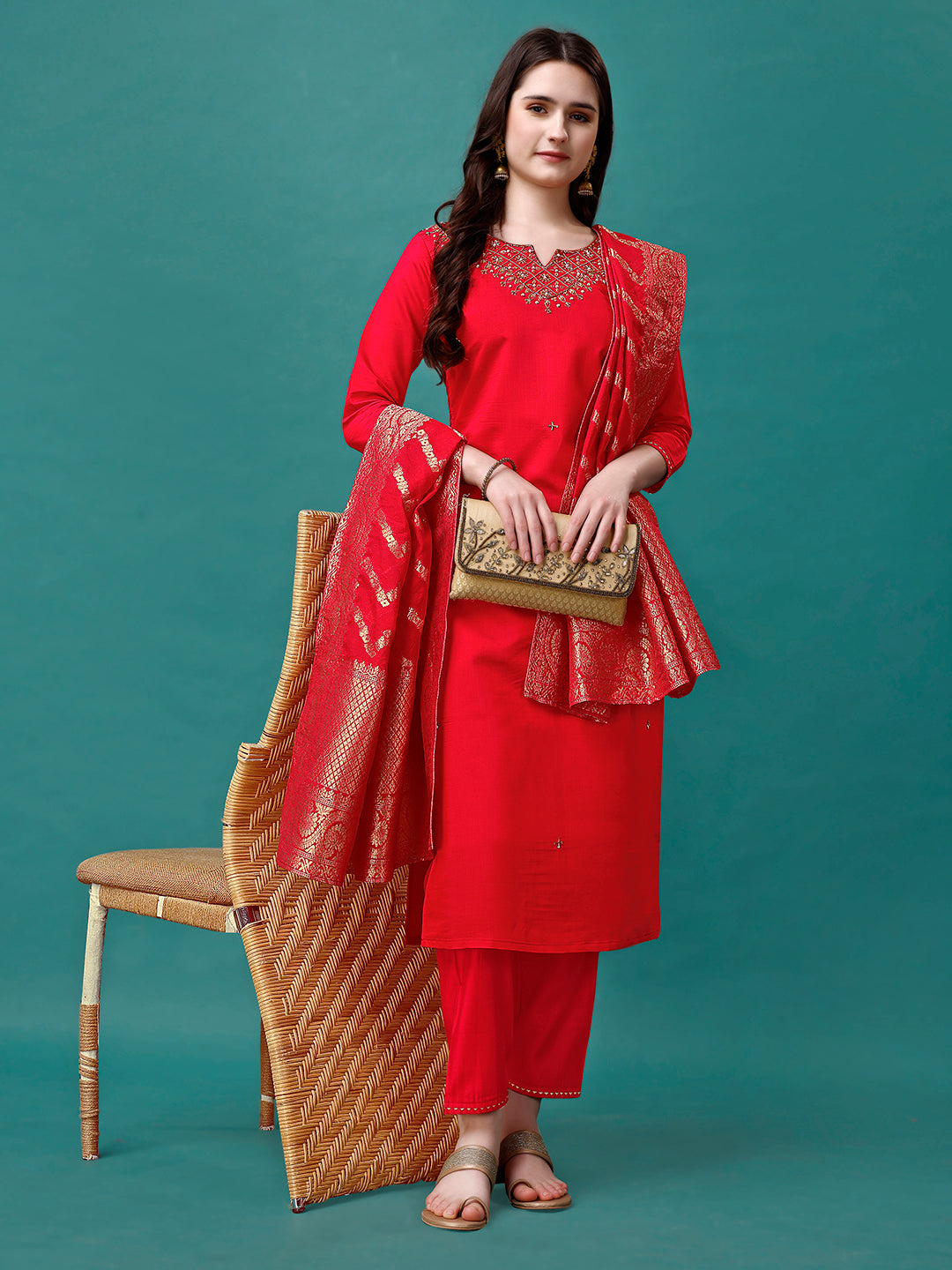 Hand Embroidered Kurta with pant & Banarasi Jacquard Dupatta Premium