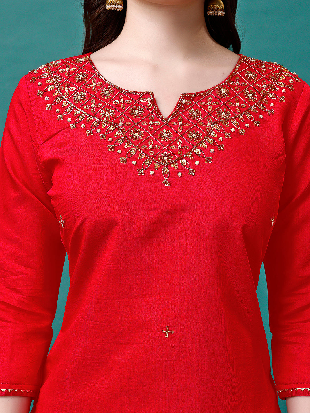 Hand Embroidered Kurta with pant & Banarasi Jacquard Dupatta Premium