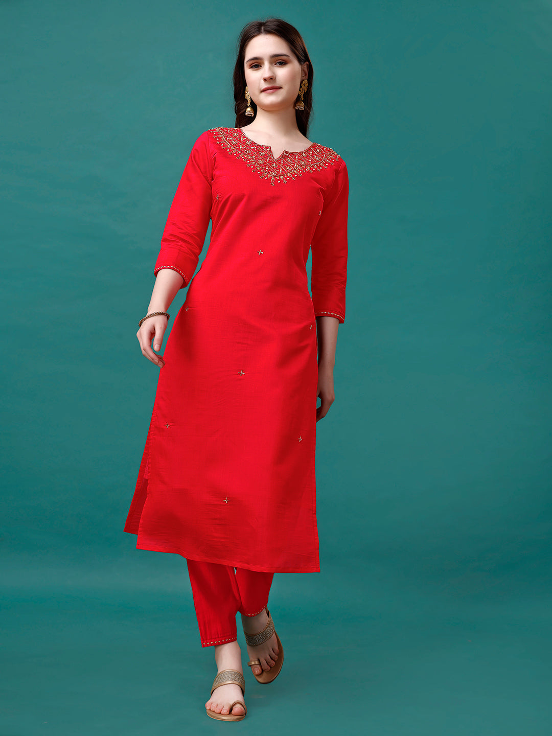 Hand Embroidered Kurta with pant & Banarasi Jacquard Dupatta Premium