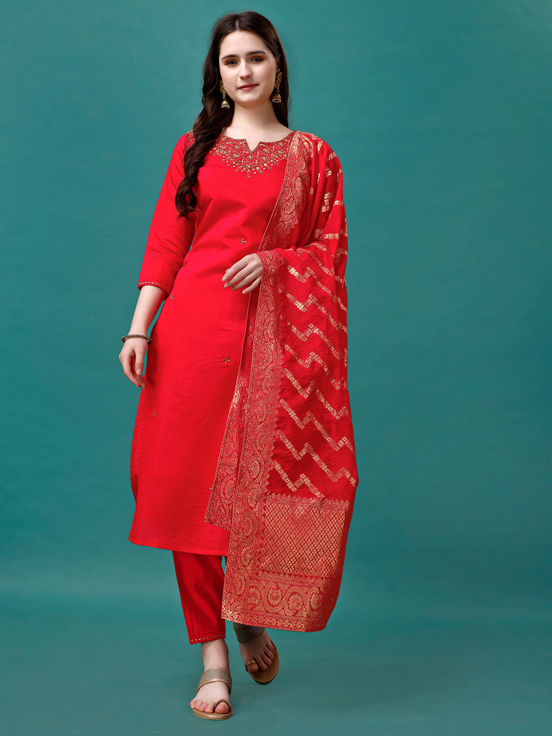 Hand Embroidered Kurta with pant & Banarasi Jacquard Dupatta Premium