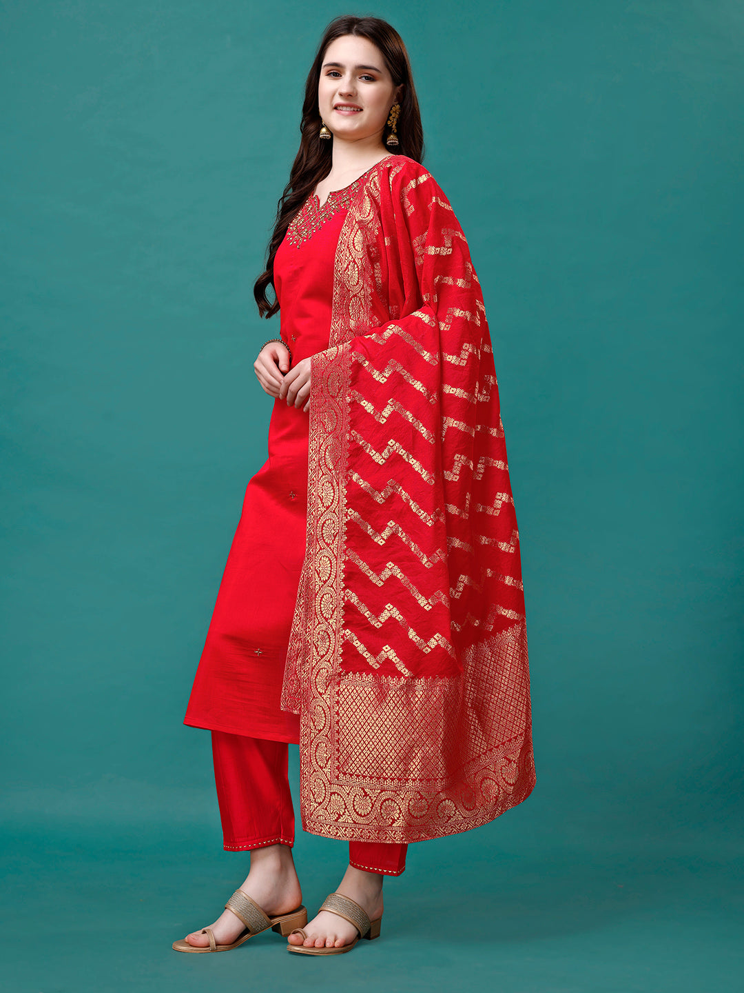 Hand Embroidered Kurta with pant & Banarasi Jacquard Dupatta Premium