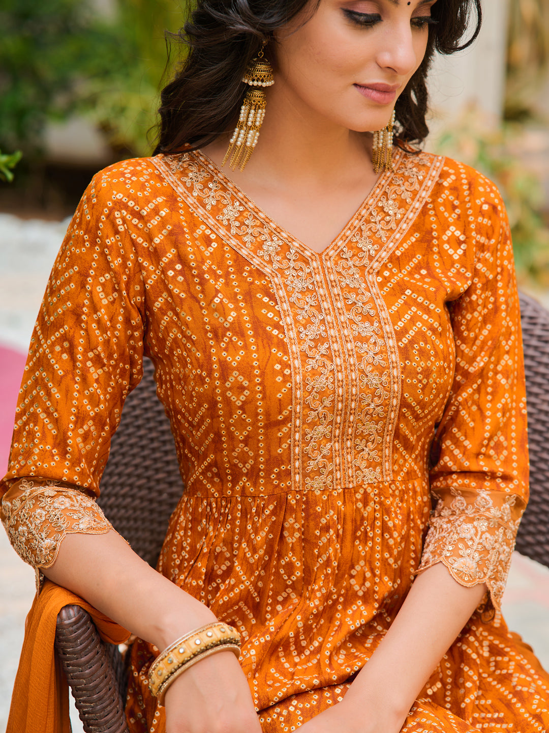 Nyra Cut Embroidered & Bandhani Printed kurta with Lace Embroidered Pant & Dupatta