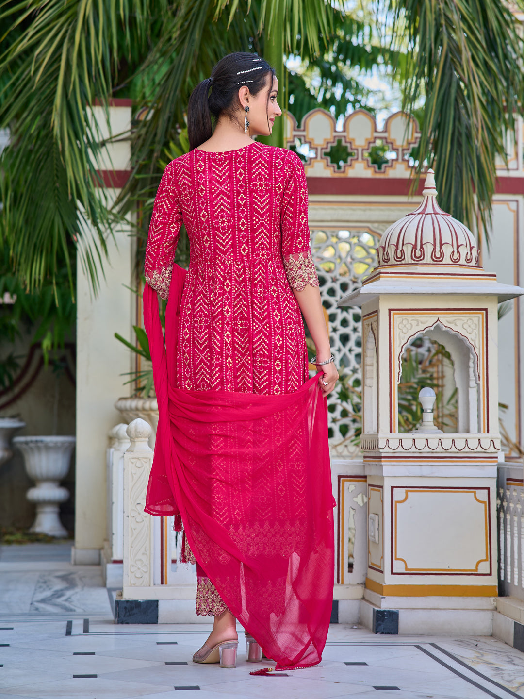 Nyra Cut Embroidered & Bandhani Printed kurta with Lace Embroidered Pant & Dupatta