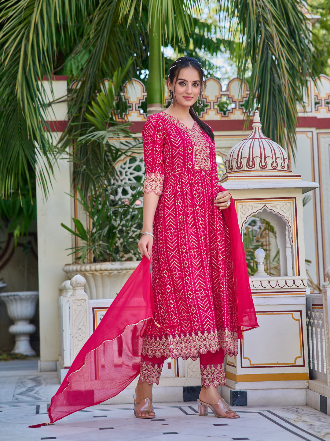 Nyra Cut Embroidered & Bandhani Printed kurta with Lace Embroidered Pant & Dupatta