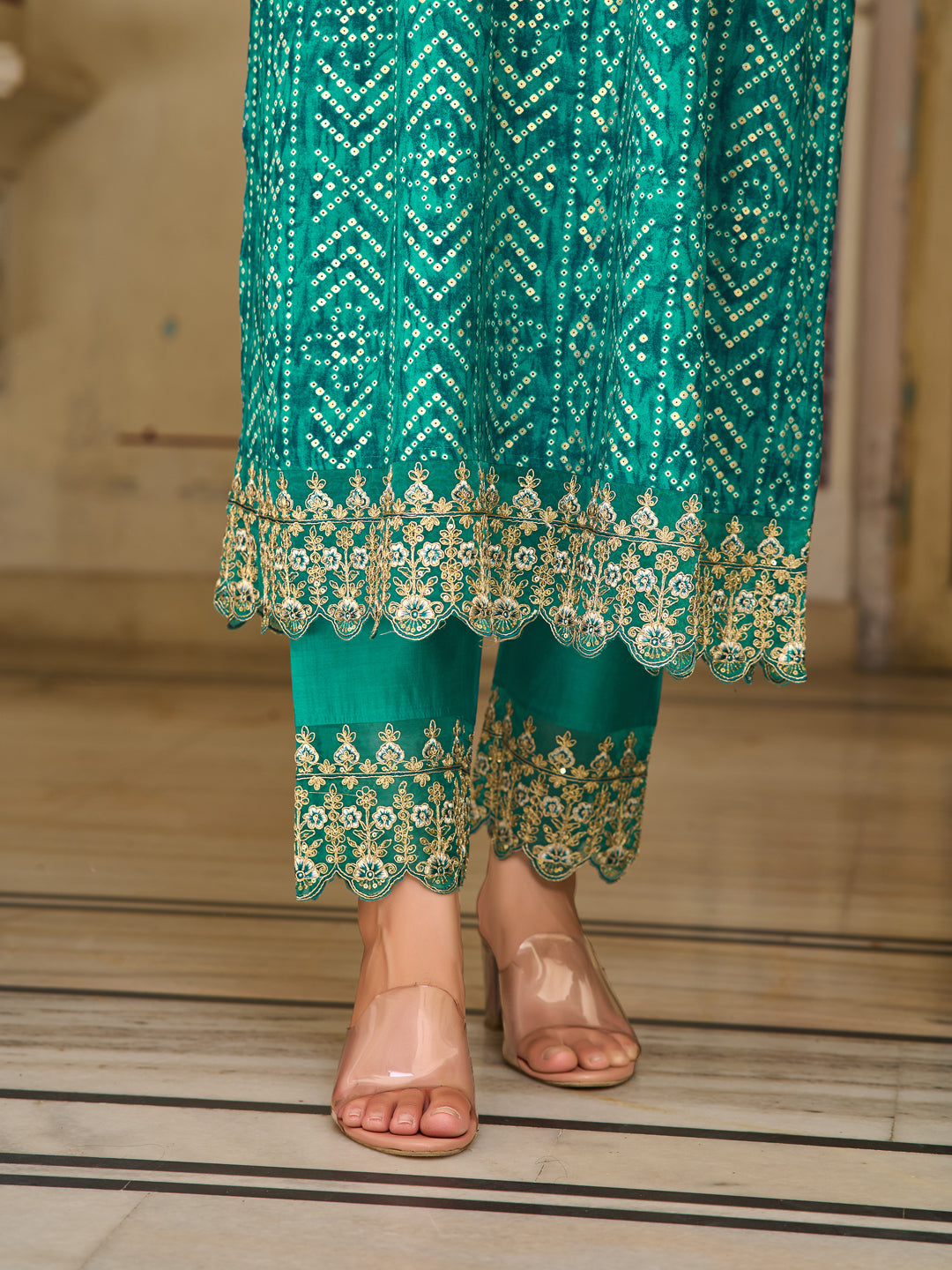 Nyra Cut Embroidered & Bandhani Printed kurta with Lace Embroidered Pant & Dupatta