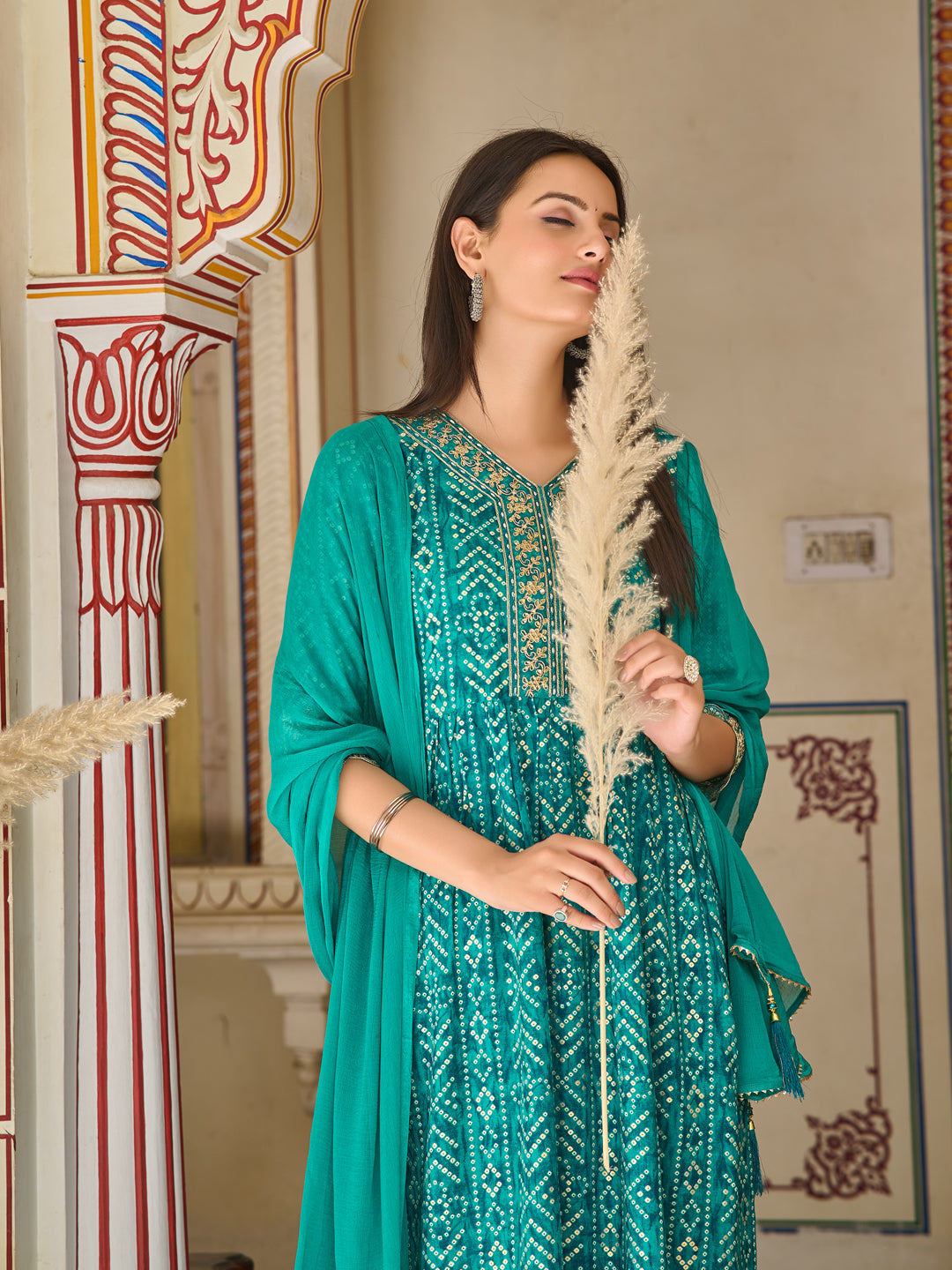 Nyra Cut Embroidered & Bandhani Printed kurta with Lace Embroidered Pant & Dupatta