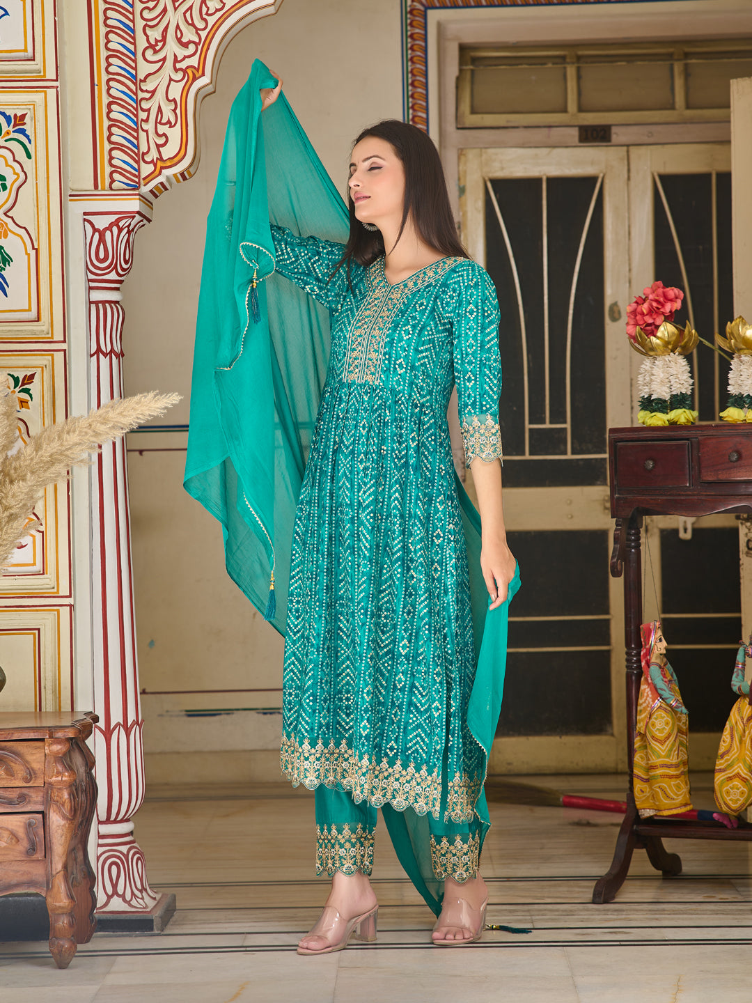 Nyra Cut Embroidered & Bandhani Printed kurta with Lace Embroidered Pant & Dupatta