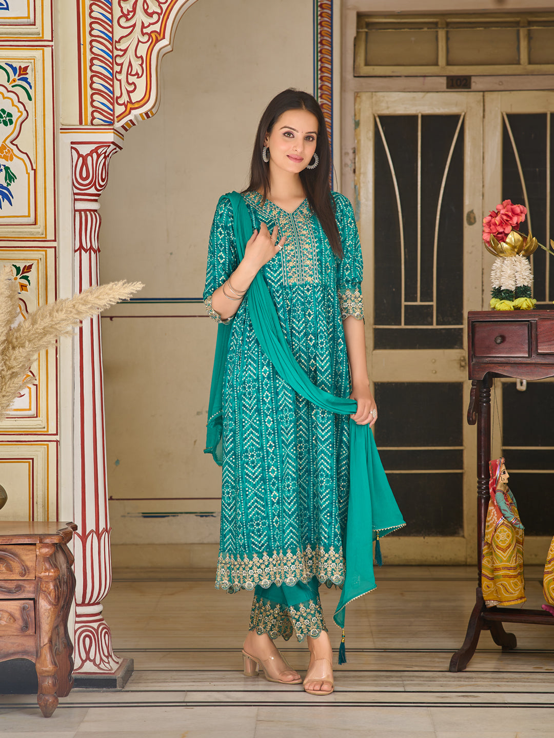 Nyra Cut Embroidered & Bandhani Printed kurta with Lace Embroidered Pant & Dupatta