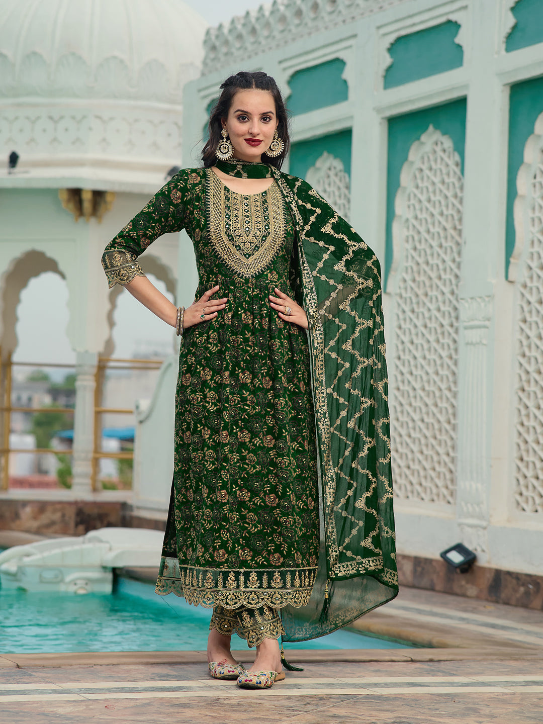 Nyra Cut Embroidered & Floral Printed kurta with pant & Foil Print Dupatta