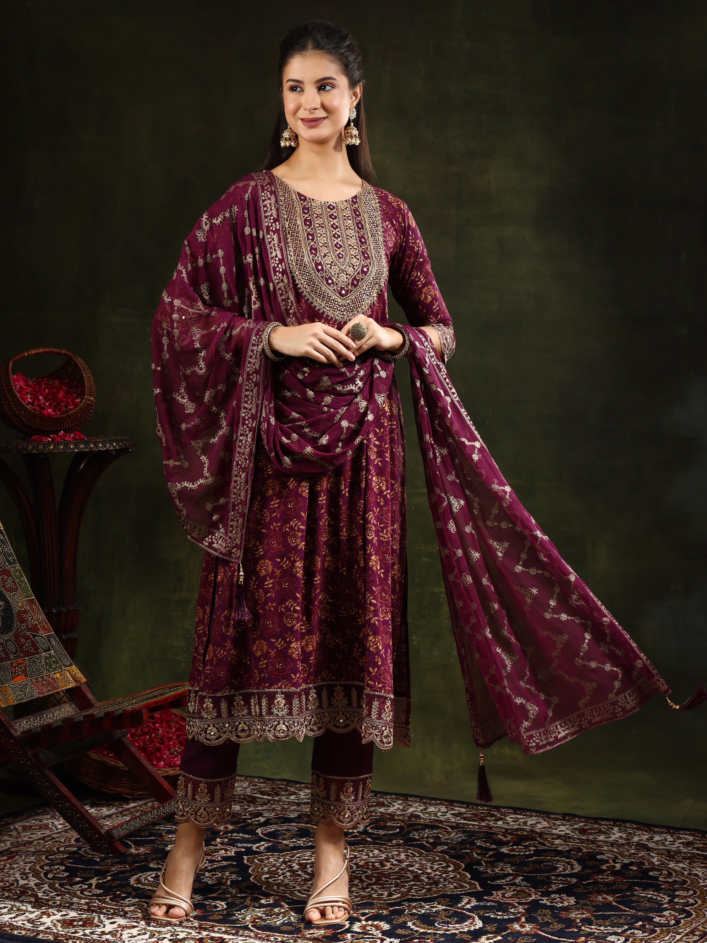 Nyra Cut Embroidered & Floral Printed kurta with pant & Foil Print Dupatta