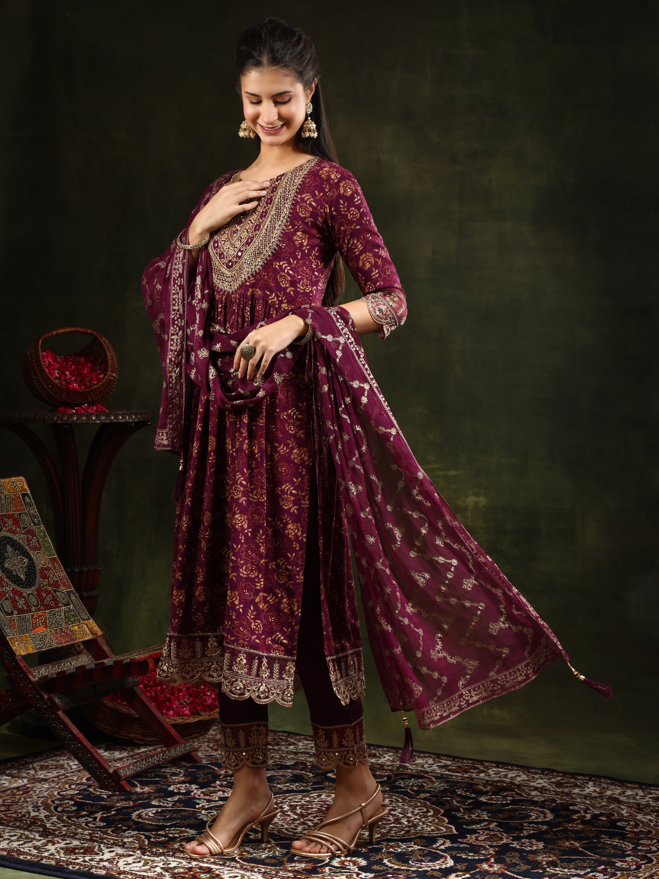 Nyra Cut Embroidered & Floral Printed kurta with pant & Foil Print Dupatta