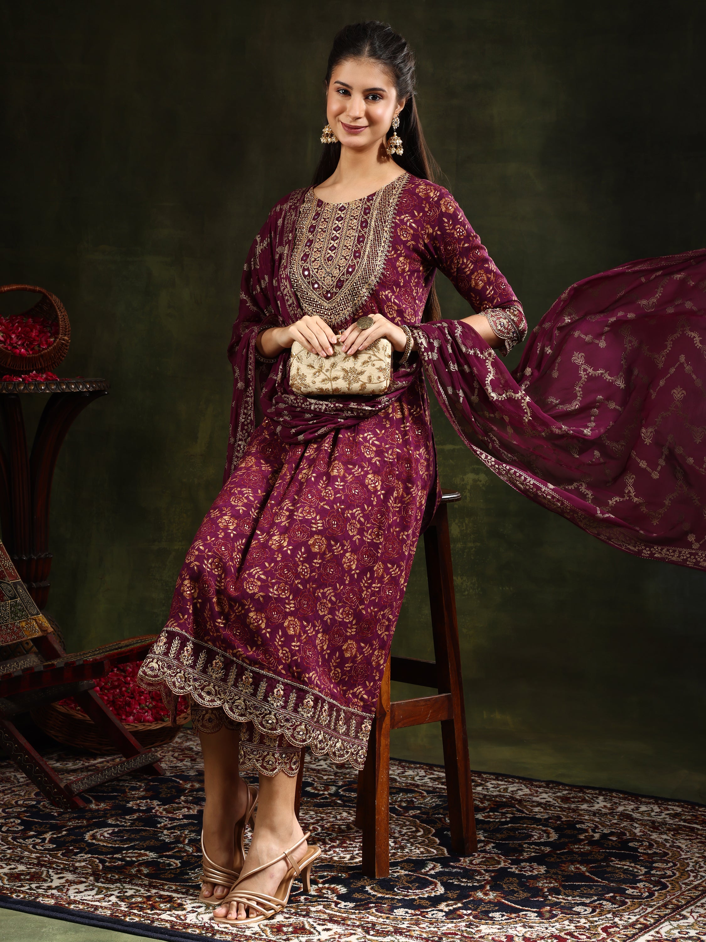 Nyra Cut Embroidered & Floral Printed kurta with pant & Foil Print Dupatta