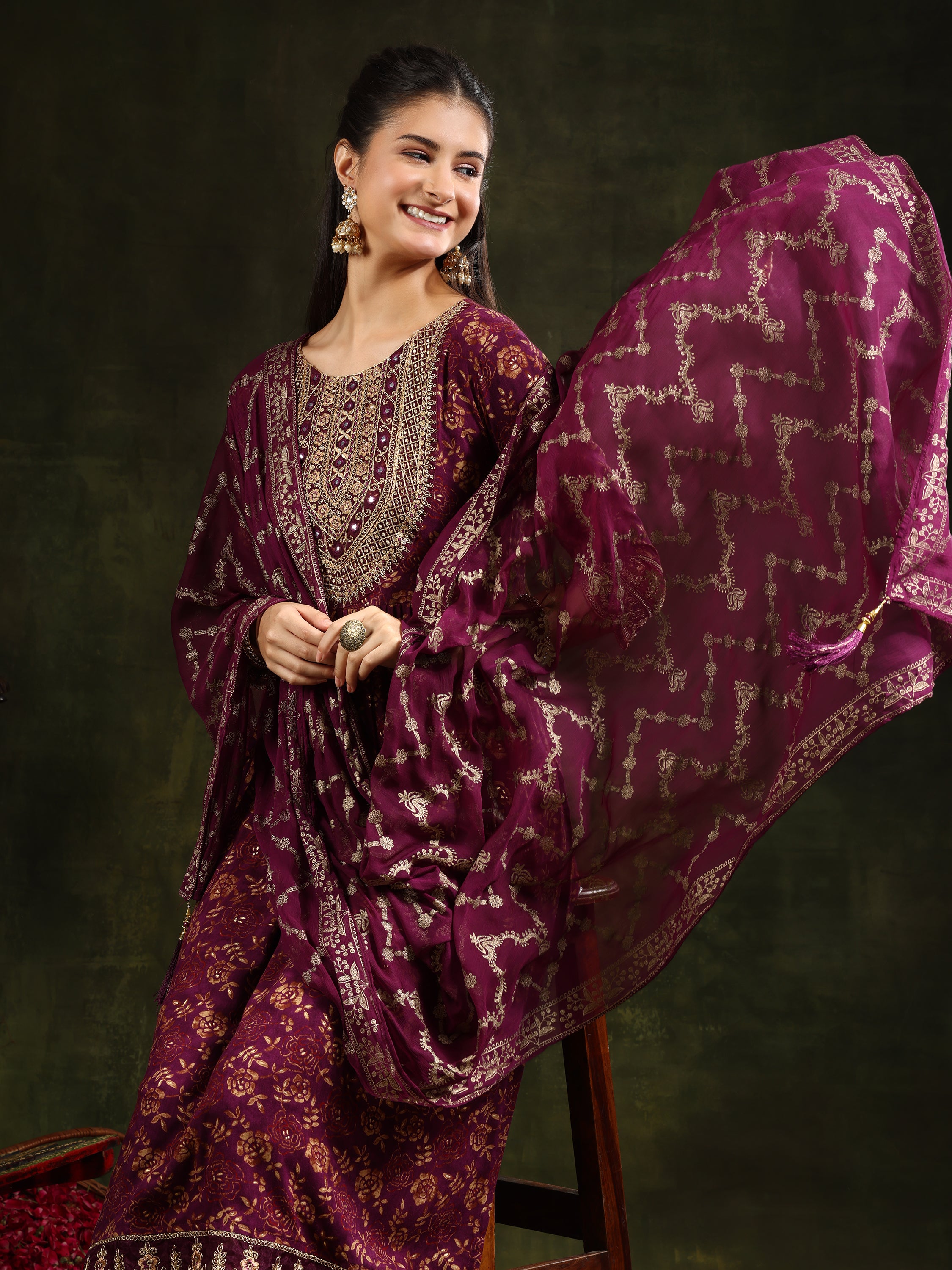 Nyra Cut Embroidered & Floral Printed kurta with pant & Foil Print Dupatta