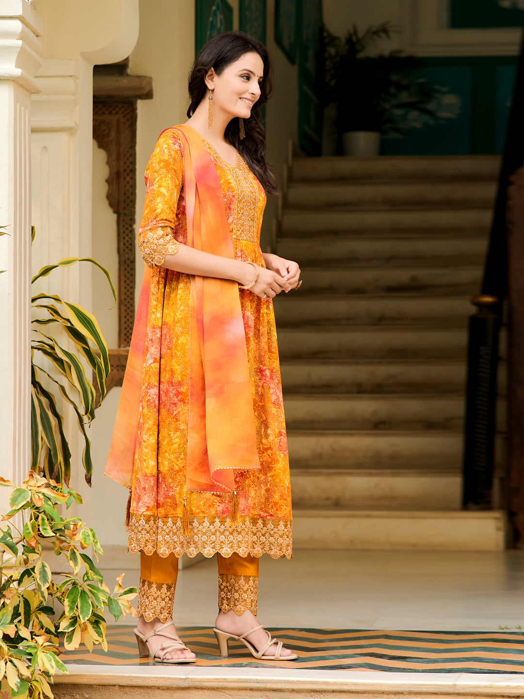 Nyra Cut Embroidered & Printed kurta with Pant & Dupatta