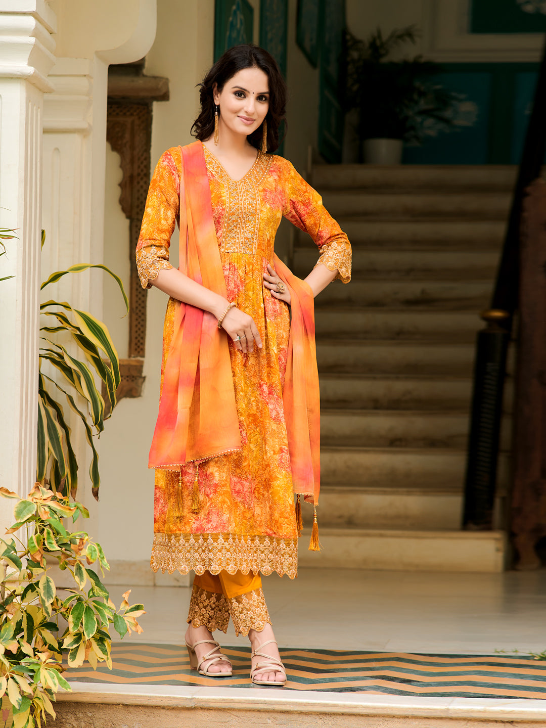 Nyra Cut Embroidered & Printed kurta with Pant & Dupatta