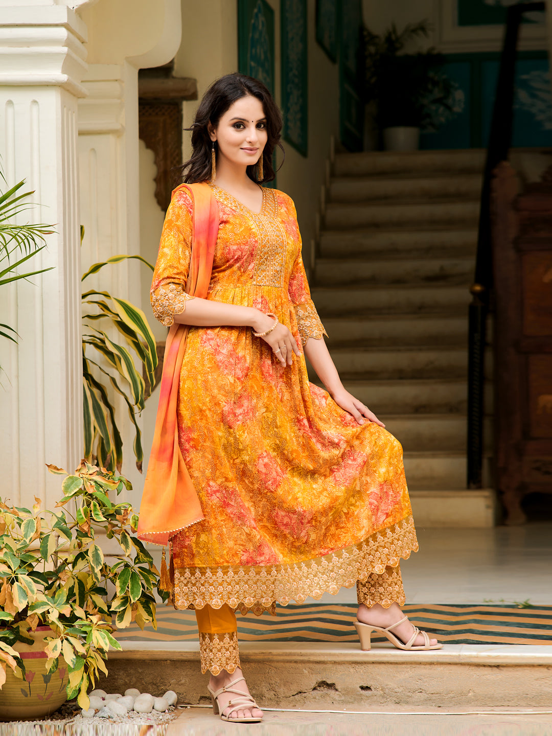 Nyra Cut Embroidered & Printed kurta with Pant & Dupatta