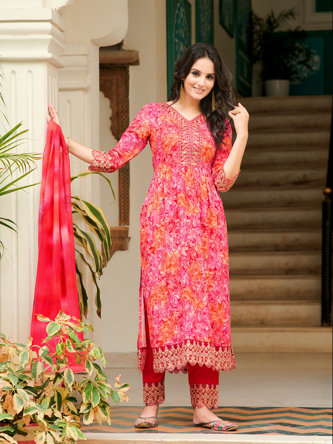 Nyra Cut Embroidered & Printed kurta with Pant & Dupatta