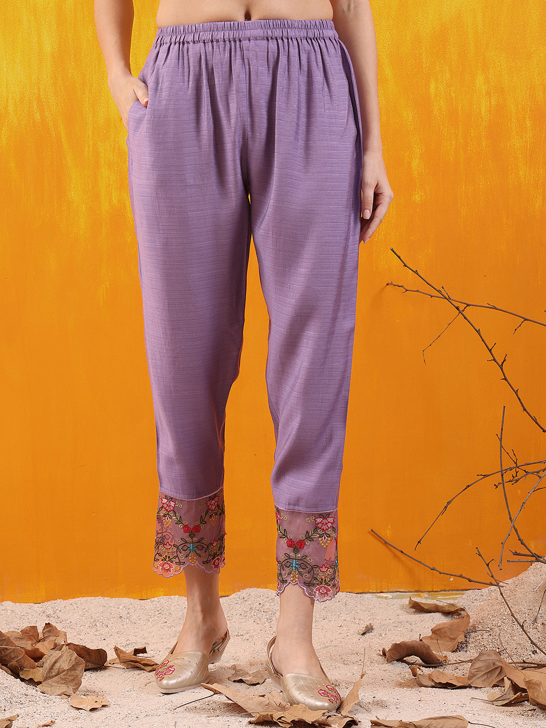 Applique Embroidered Kurta with Pant & Printed Dupatta