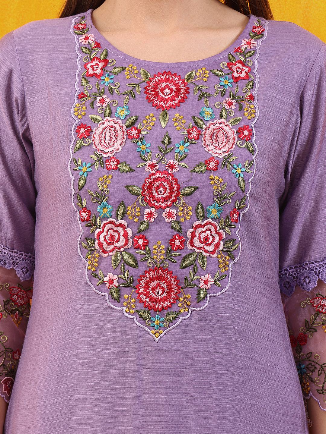 Applique Embroidered Kurta with Pant & Printed Dupatta
