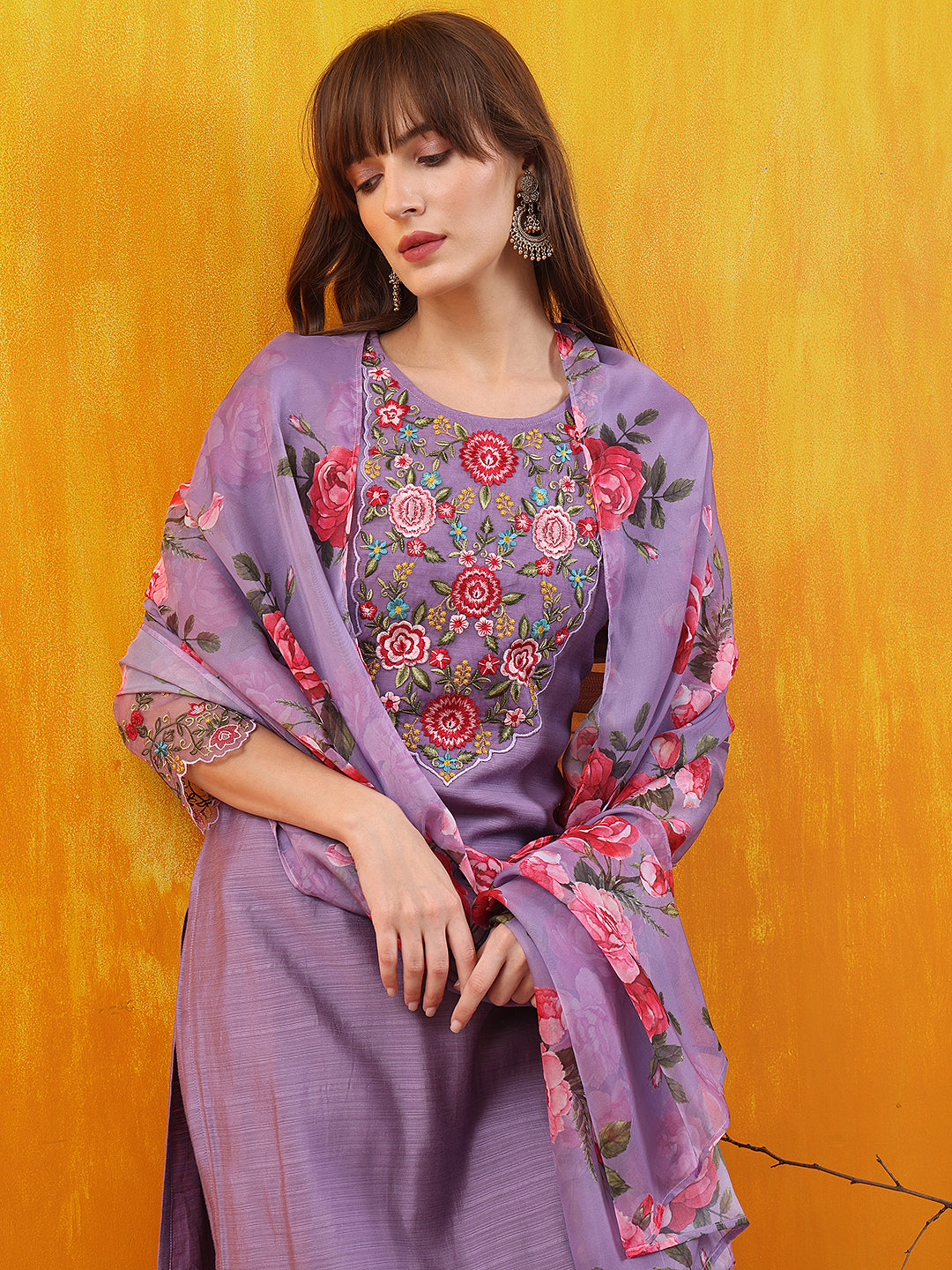 Applique Embroidered Kurta with Pant & Printed Dupatta